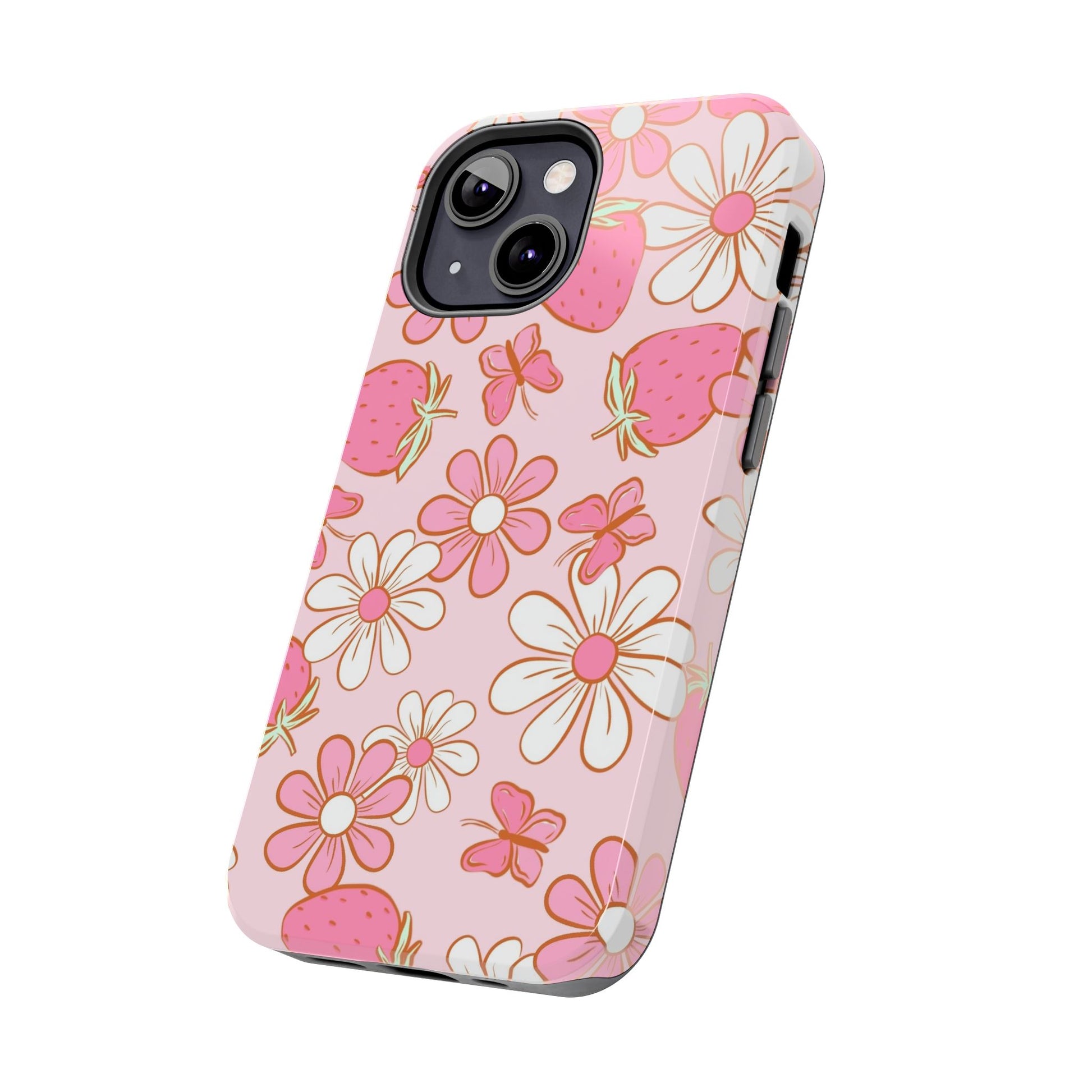 Cute Pink Strawberry and Daisy Floral Pattern Phone Case - Stylish Summer Design for iPhone and Android | Tough Phone Cases Womens Eco Friendly Apparel