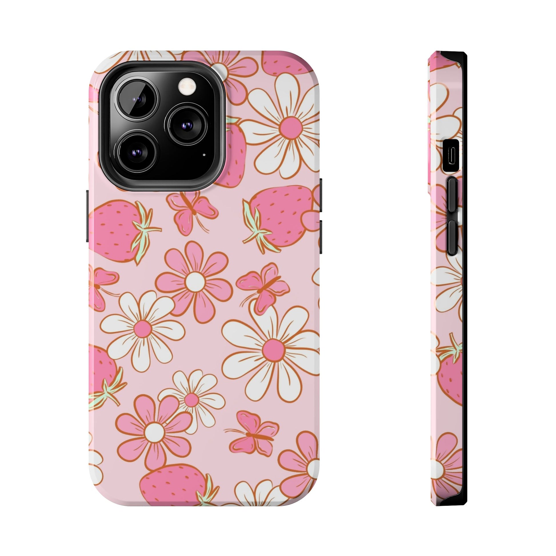 Cute Pink Strawberry and Daisy Floral Pattern Phone Case - Stylish Summer Design for iPhone and Android | Tough Phone Cases Womens Eco Friendly Apparel iPhone 13 Pro