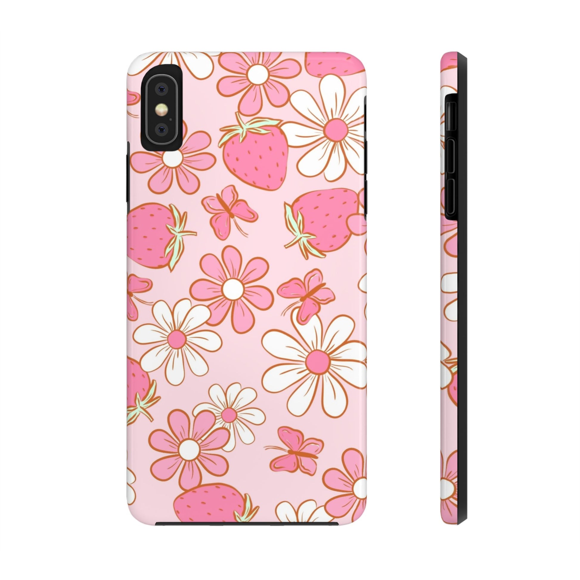Cute Pink Strawberry and Daisy Floral Pattern Phone Case - Stylish Summer Design for iPhone and Android | Tough Phone Cases Womens Eco Friendly Apparel iPhone XS MAX