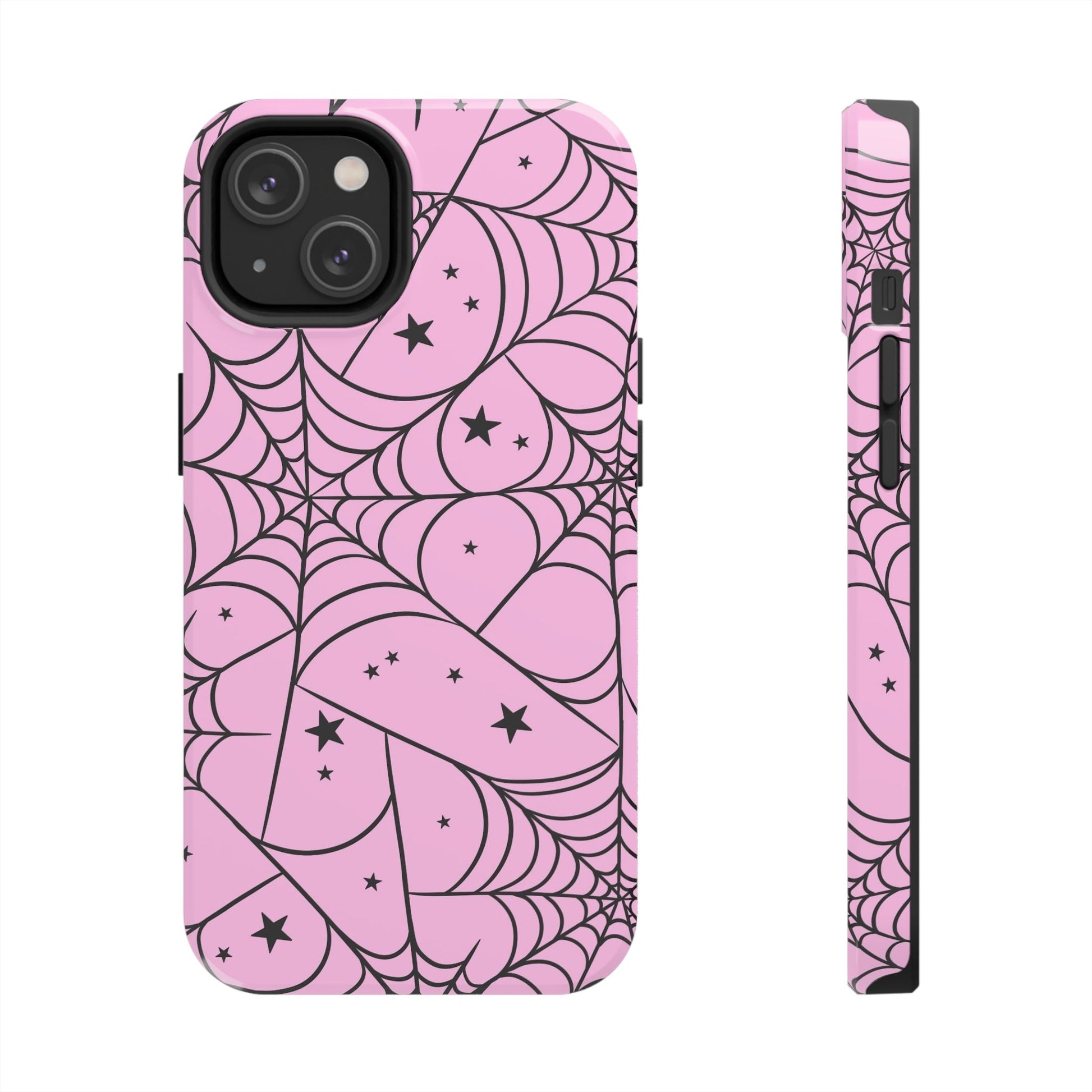 Stylish Pink Spider Web and Stars Phone Case - Cute Halloween Design - Protective Shockproof Cover | Tough Phone Cases Womens Eco Friendly Apparel iPhone 14