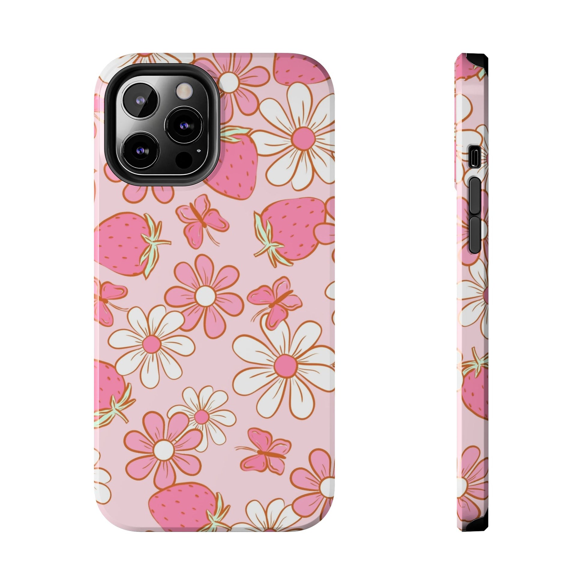 Cute Pink Strawberry and Daisy Floral Pattern Phone Case - Stylish Summer Design for iPhone and Android | Tough Phone Cases Womens Eco Friendly Apparel iPhone 12 Pro Max
