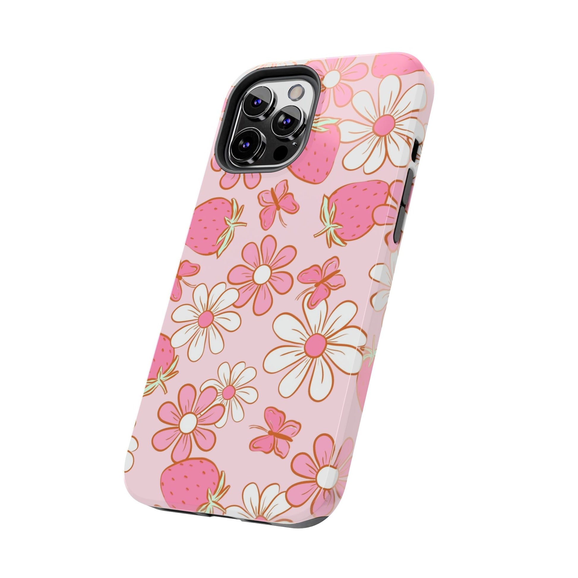 Cute Pink Strawberry and Daisy Floral Pattern Phone Case - Stylish Summer Design for iPhone and Android | Tough Phone Cases Womens Eco Friendly Apparel