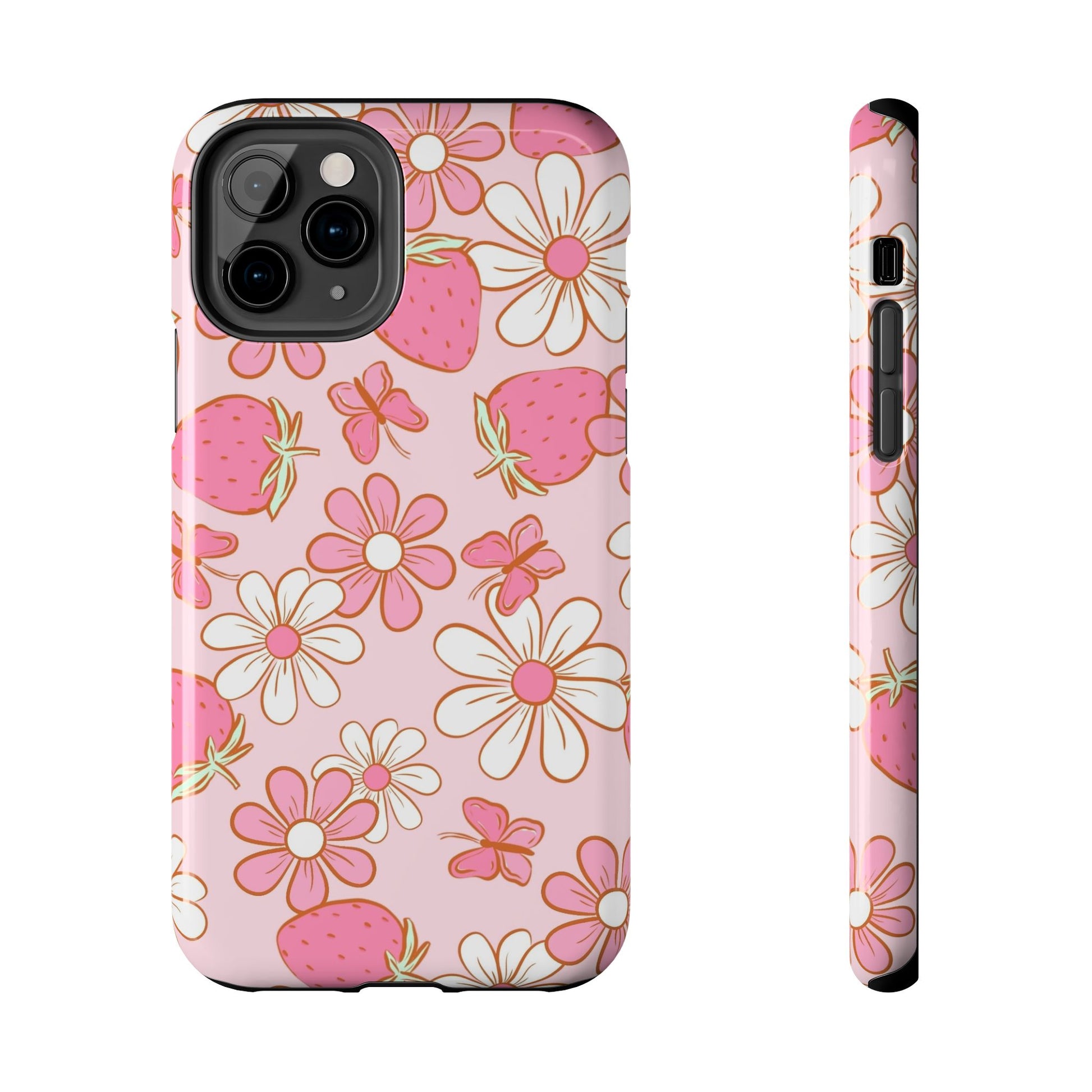 Cute Pink Strawberry and Daisy Floral Pattern Phone Case - Stylish Summer Design for iPhone and Android | Tough Phone Cases Womens Eco Friendly Apparel iPhone 11 Pro
