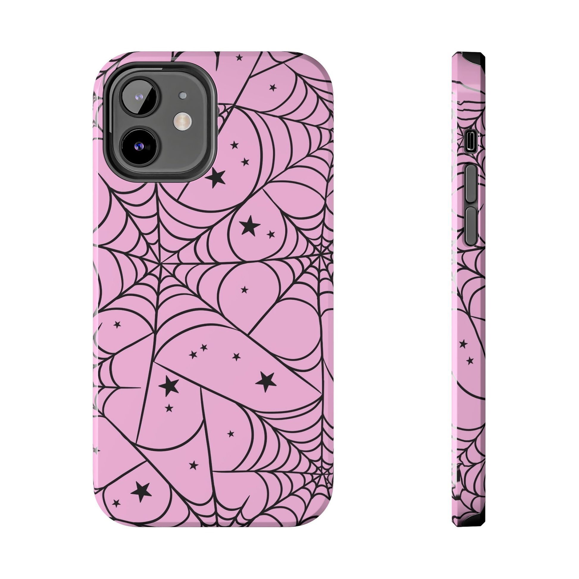Stylish Pink Spider Web and Stars Phone Case - Cute Halloween Design - Protective Shockproof Cover | Tough Phone Cases Womens Eco Friendly Apparel iPhone 12