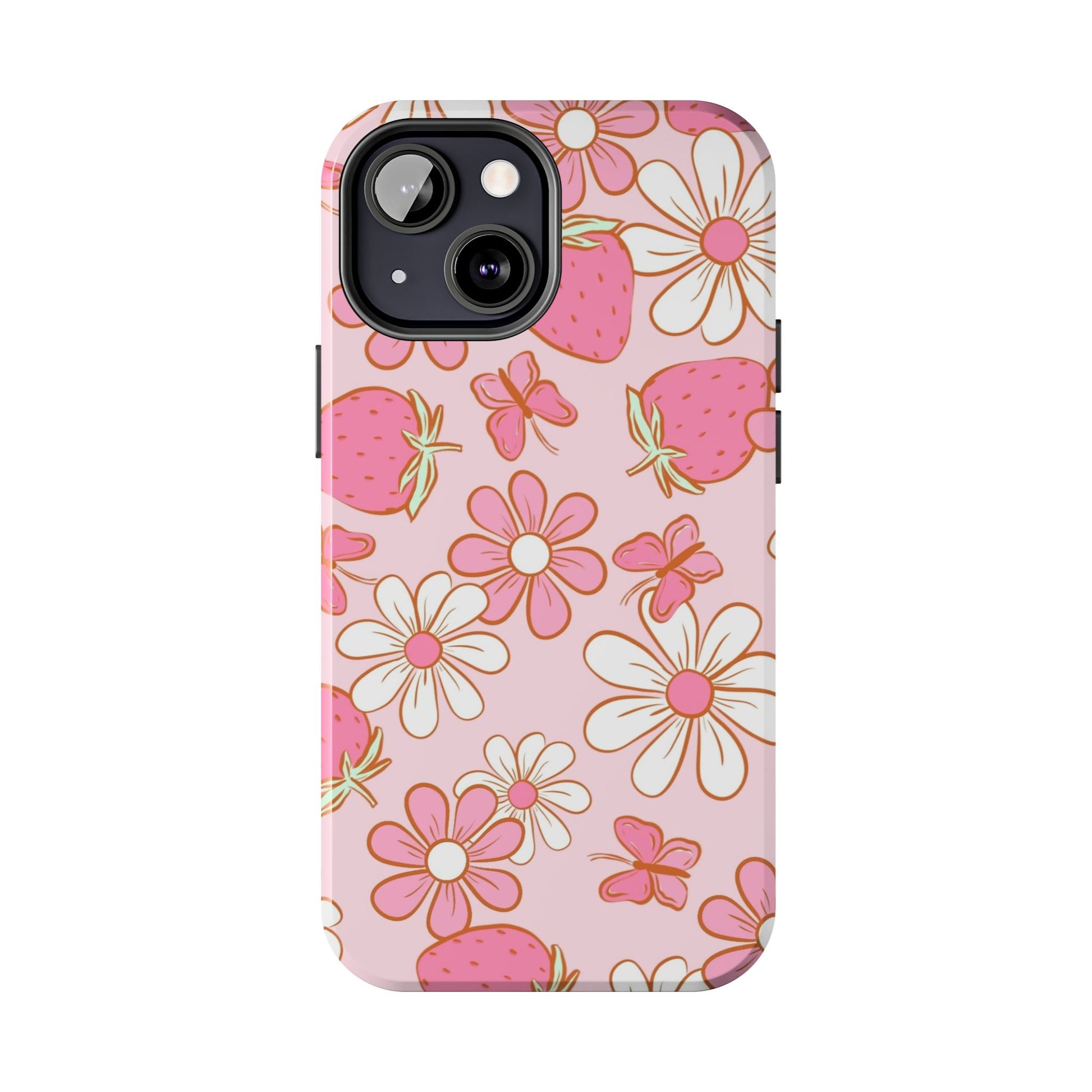 Cute Pink Strawberry and Daisy Floral Pattern Phone Case - Stylish Summer Design for iPhone and Android | Tough Phone Cases Womens Eco Friendly Apparel