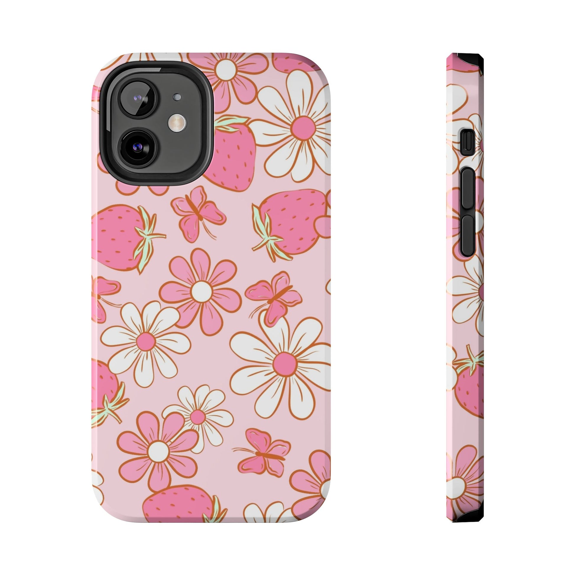 Cute Pink Strawberry and Daisy Floral Pattern Phone Case - Stylish Summer Design for iPhone and Android | Tough Phone Cases Womens Eco Friendly Apparel iPhone 12 Mini