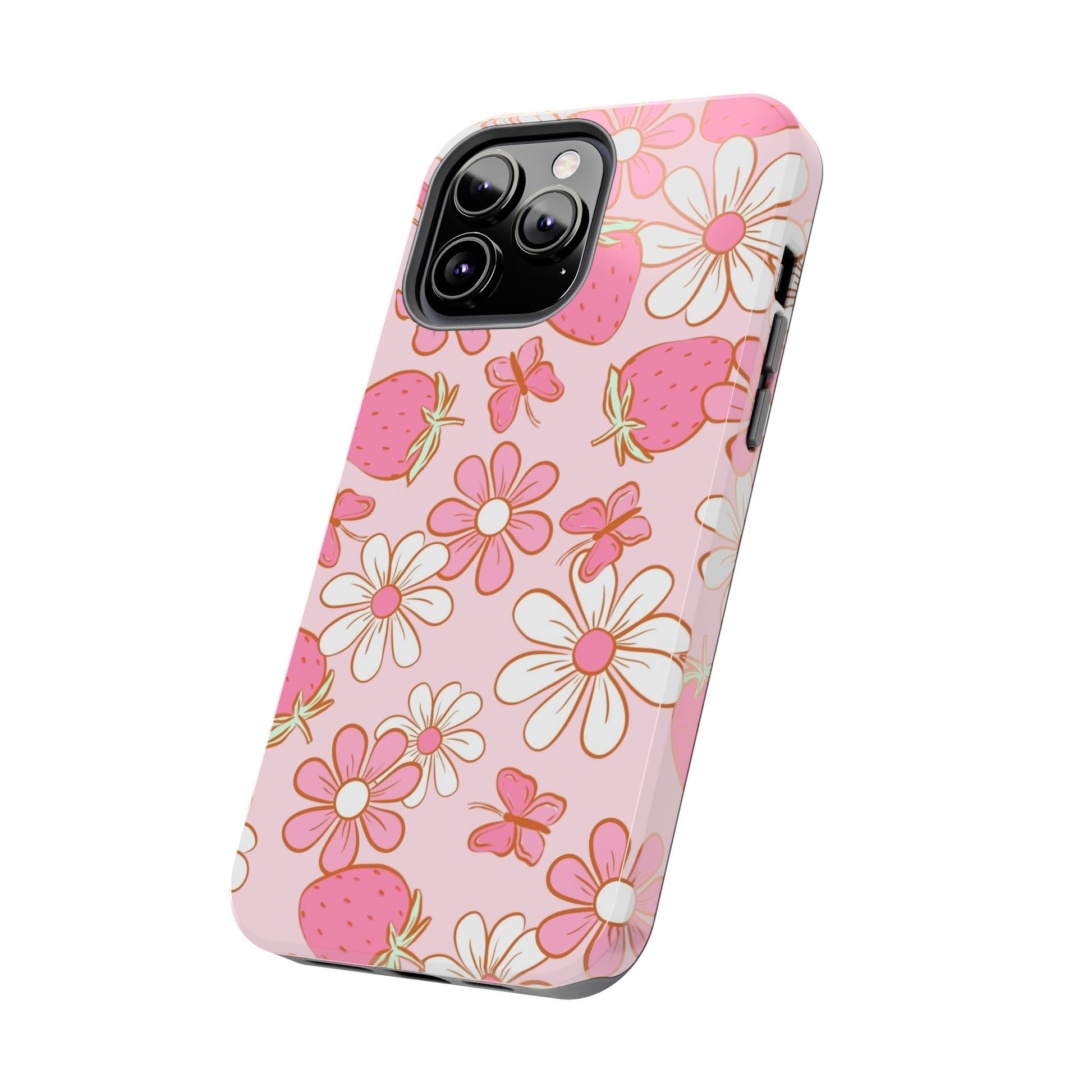 Cute Pink Strawberry and Daisy Floral Pattern Phone Case - Stylish Summer Design for iPhone and Android | Tough Phone Cases Womens Eco Friendly Apparel