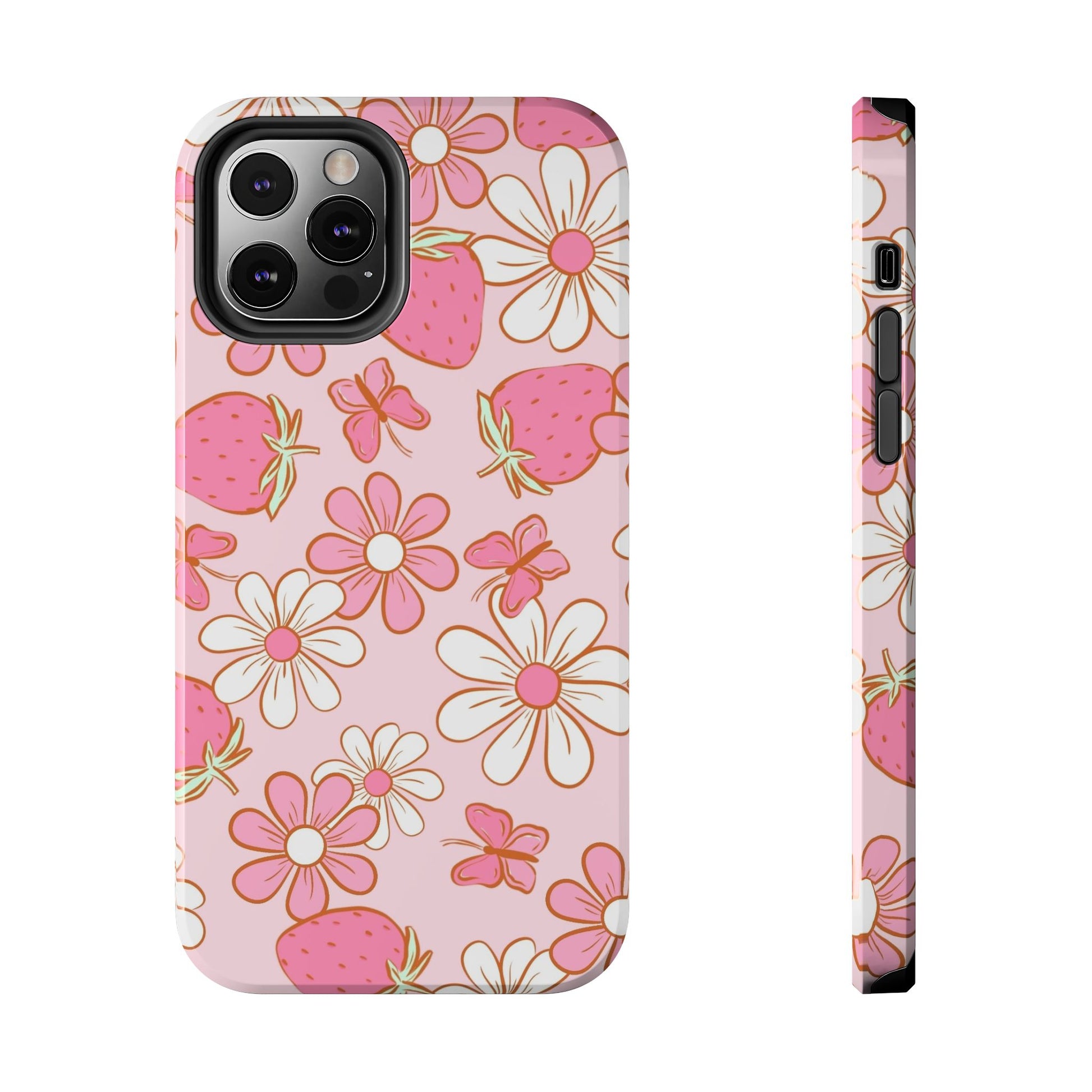 Cute Pink Strawberry and Daisy Floral Pattern Phone Case - Stylish Summer Design for iPhone and Android | Tough Phone Cases Womens Eco Friendly Apparel iPhone 12 Pro