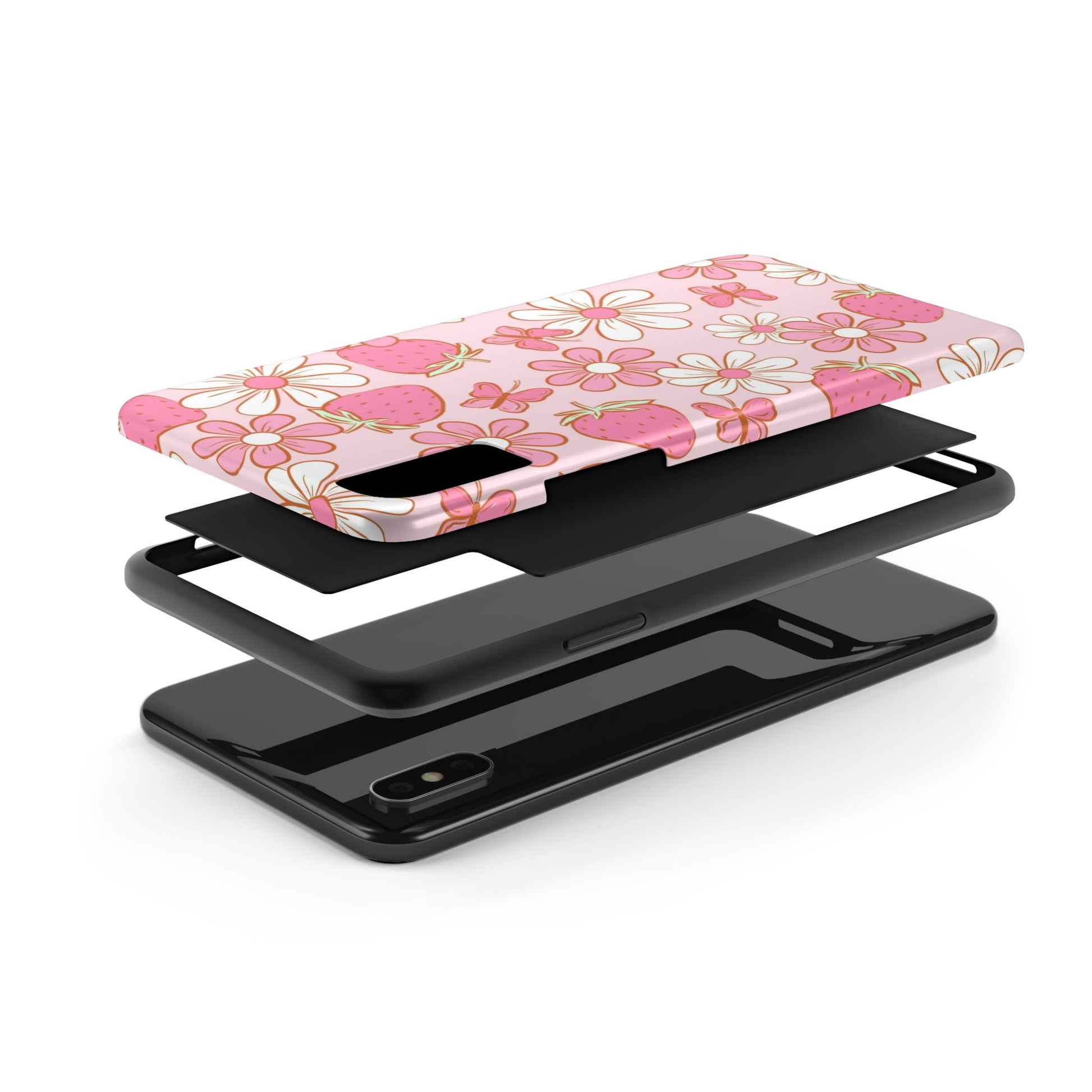 Cute Pink Strawberry and Daisy Floral Pattern Phone Case - Stylish Summer Design for iPhone and Android | Tough Phone Cases Womens Eco Friendly Apparel