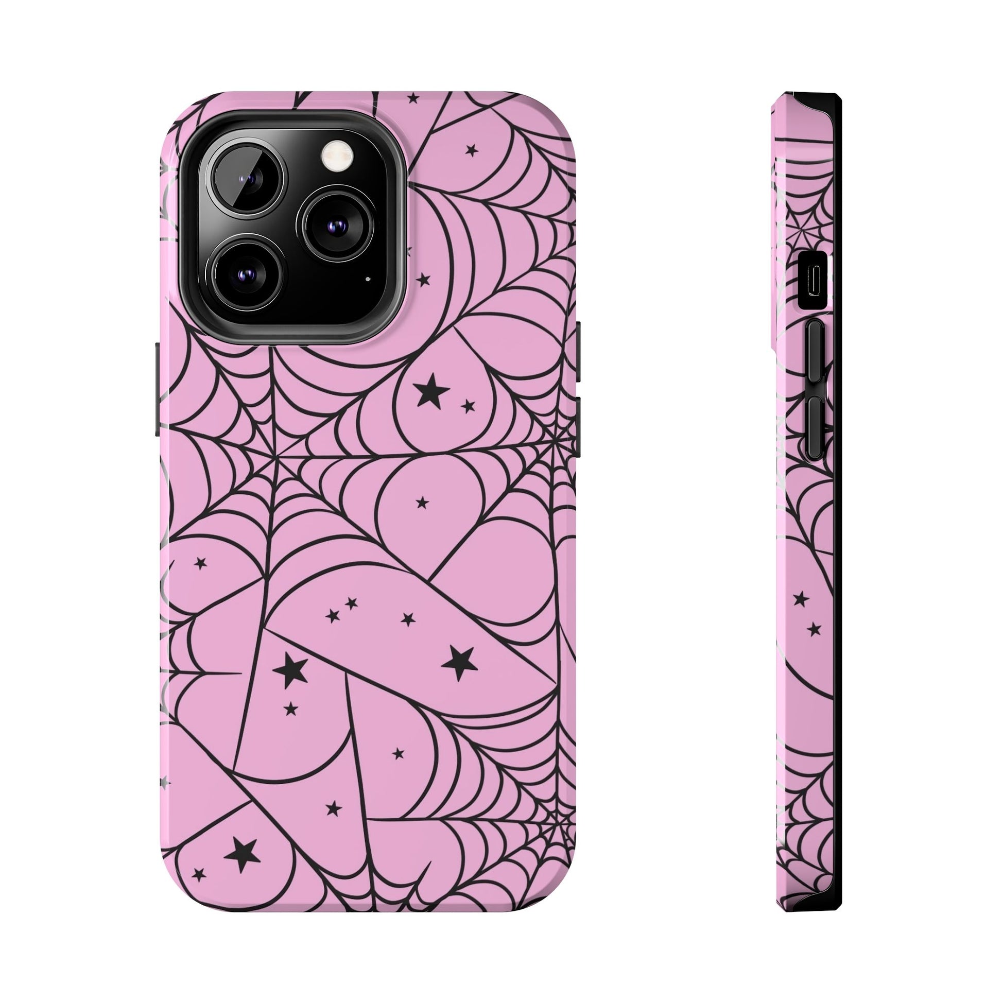 Stylish Pink Spider Web and Stars Phone Case - Cute Halloween Design - Protective Shockproof Cover | Tough Phone Cases Womens Eco Friendly Apparel iPhone 13 Pro