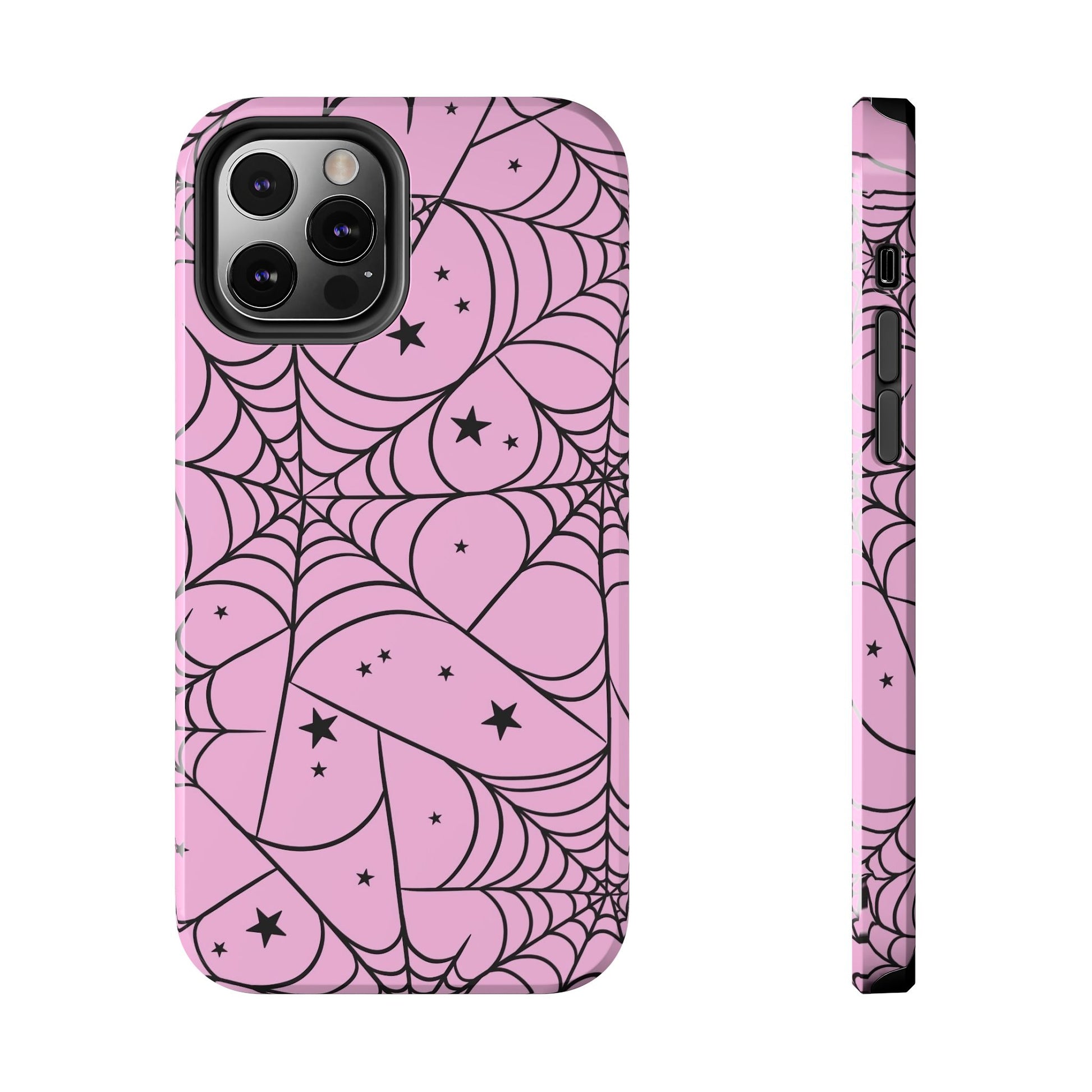 Stylish Pink Spider Web and Stars Phone Case - Cute Halloween Design - Protective Shockproof Cover | Tough Phone Cases Womens Eco Friendly Apparel iPhone 12 Pro