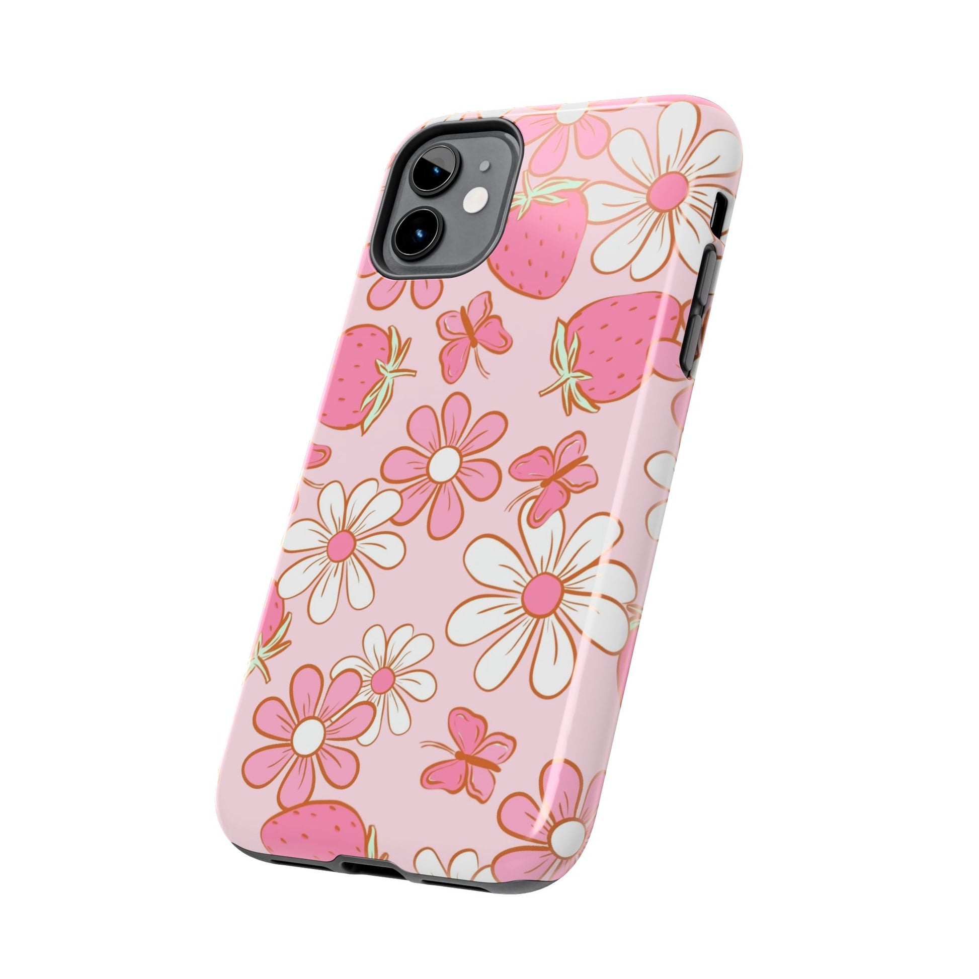 Cute Pink Strawberry and Daisy Floral Pattern Phone Case - Stylish Summer Design for iPhone and Android | Tough Phone Cases Womens Eco Friendly Apparel