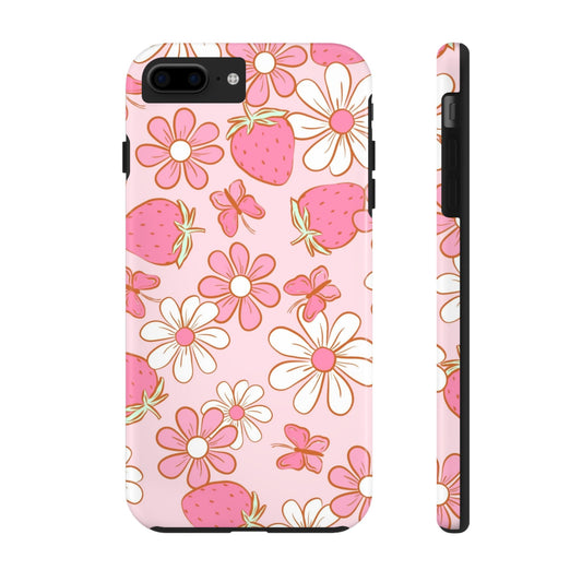 Cute Pink Strawberry and Daisy Floral Pattern Phone Case - Stylish Summer Design for iPhone and Android | Tough Phone Cases Womens Eco Friendly Apparel iPhone 7 Plus, iPhone 8 Plus