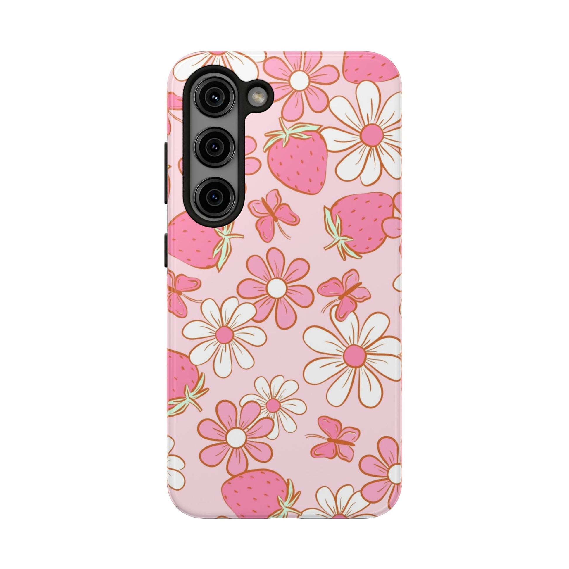 Cute Pink Strawberry and Daisy Floral Pattern Phone Case - Stylish Summer Design for iPhone and Android | Tough Phone Cases Womens Eco Friendly Apparel
