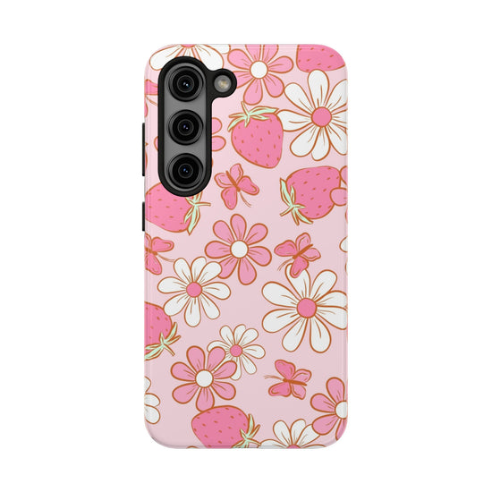 Cute Pink Strawberry and Daisy Floral Pattern Phone Case - Stylish Summer Design for iPhone and Android | Tough Phone Cases Womens Eco Friendly Apparel