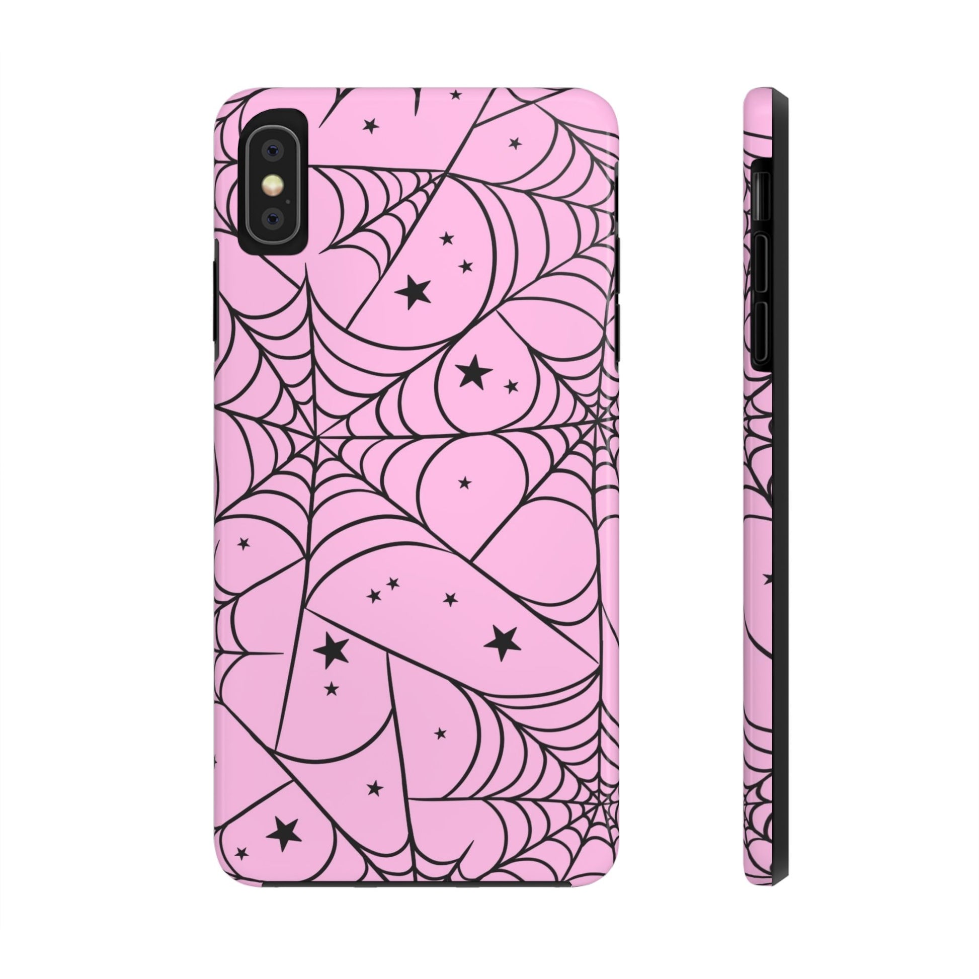 Stylish Pink Spider Web and Stars Phone Case - Cute Halloween Design - Protective Shockproof Cover | Tough Phone Cases Womens Eco Friendly Apparel iPhone XS MAX