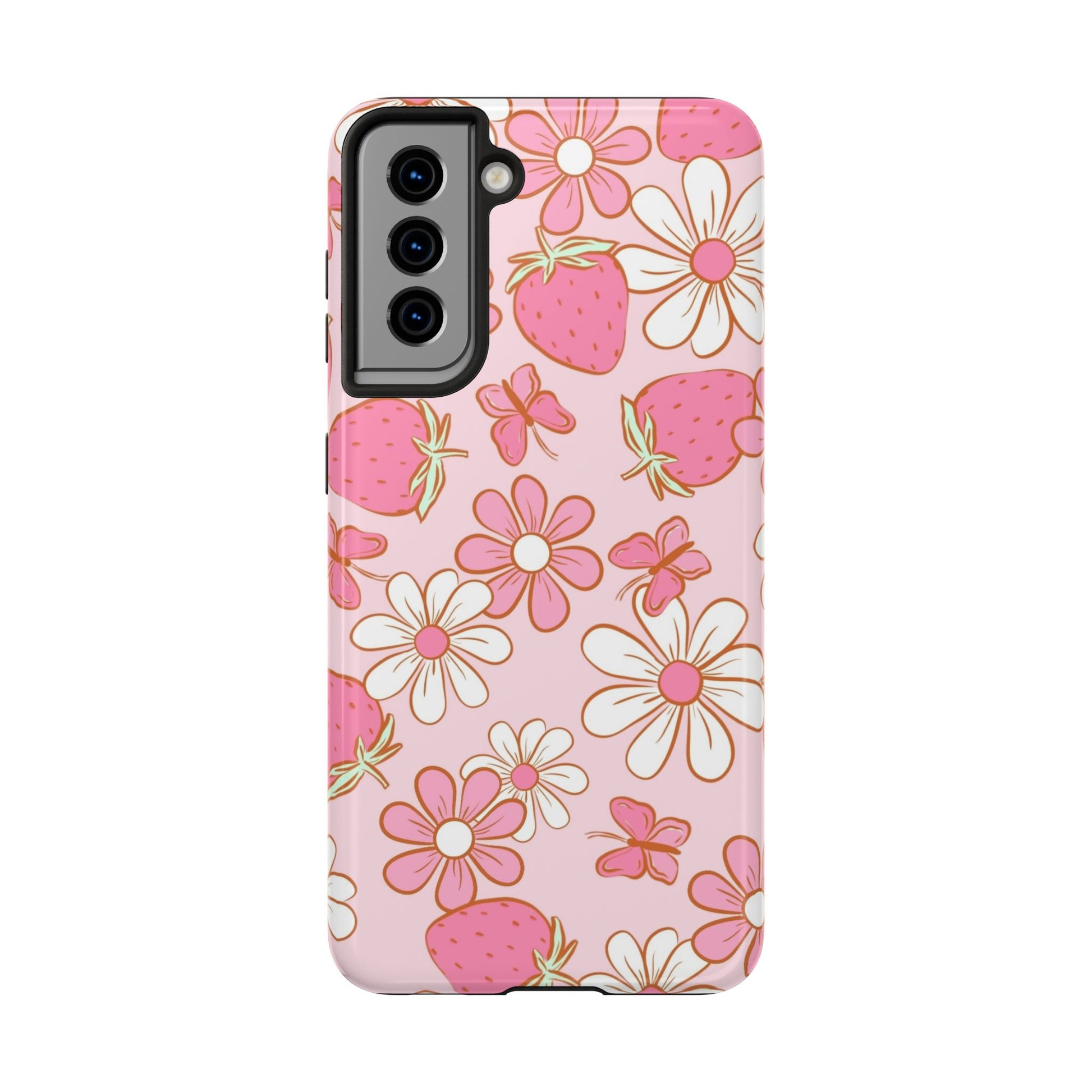 Cute Pink Strawberry and Daisy Floral Pattern Phone Case - Stylish Summer Design for iPhone and Android | Tough Phone Cases Womens Eco Friendly Apparel