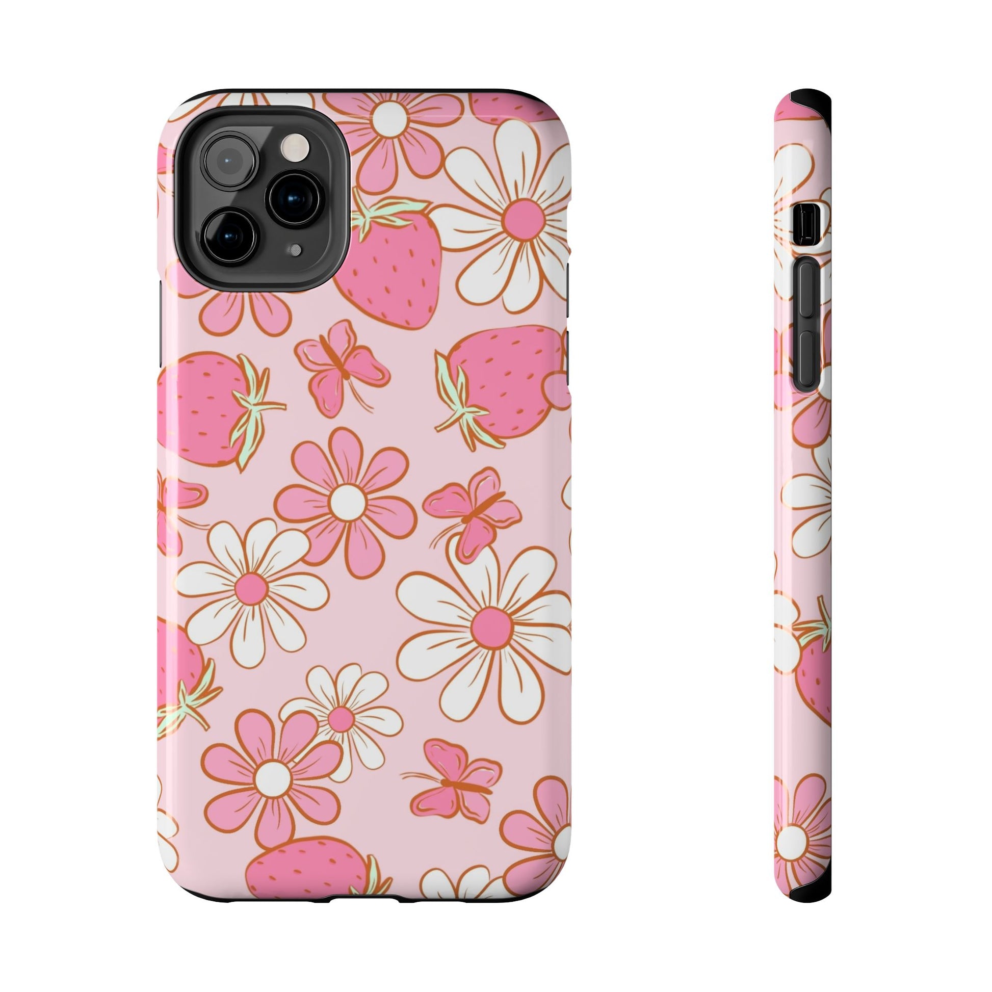 Cute Pink Strawberry and Daisy Floral Pattern Phone Case - Stylish Summer Design for iPhone and Android | Tough Phone Cases Womens Eco Friendly Apparel iPhone 11 Pro Max