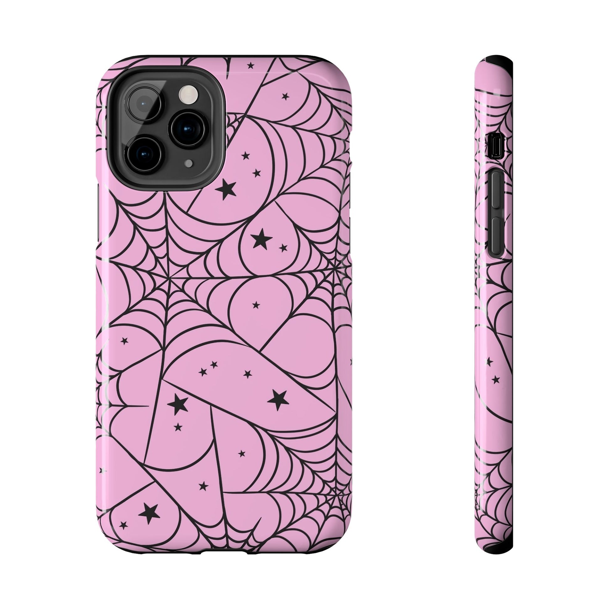 Stylish Pink Spider Web and Stars Phone Case - Cute Halloween Design - Protective Shockproof Cover | Tough Phone Cases Womens Eco Friendly Apparel iPhone 11 Pro