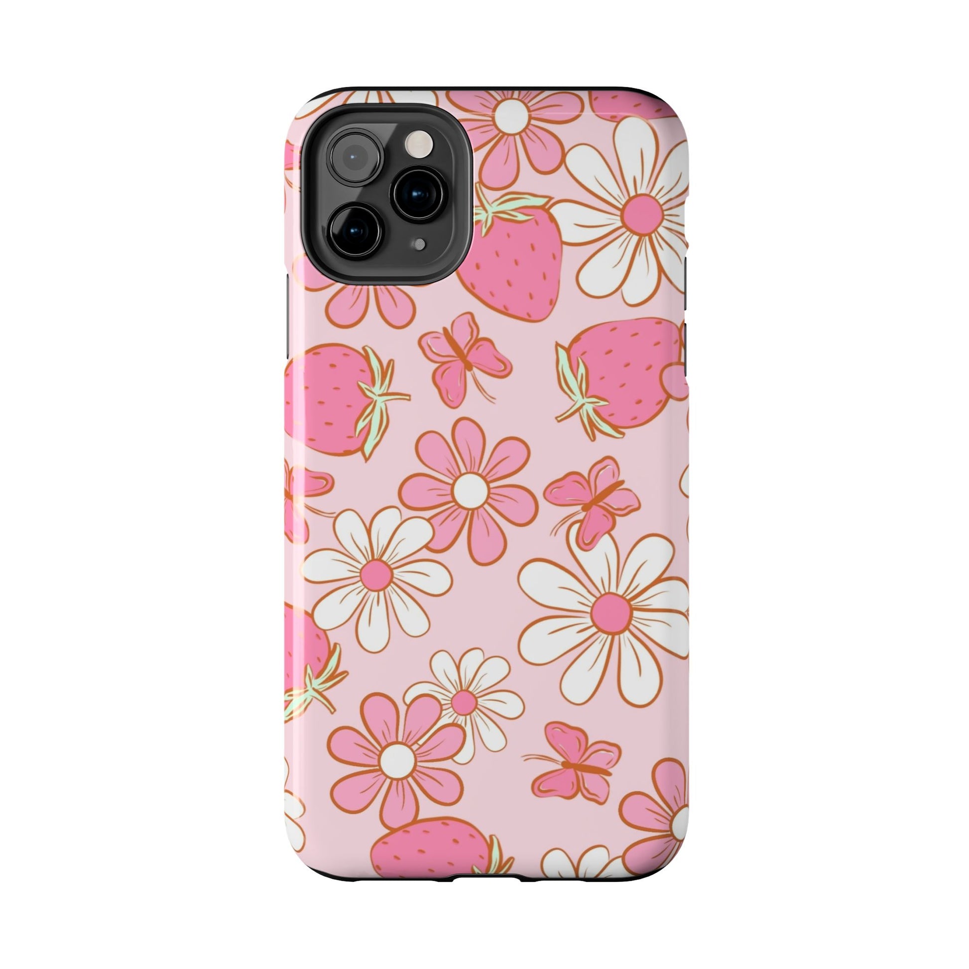 Cute Pink Strawberry and Daisy Floral Pattern Phone Case - Stylish Summer Design for iPhone and Android | Tough Phone Cases Womens Eco Friendly Apparel