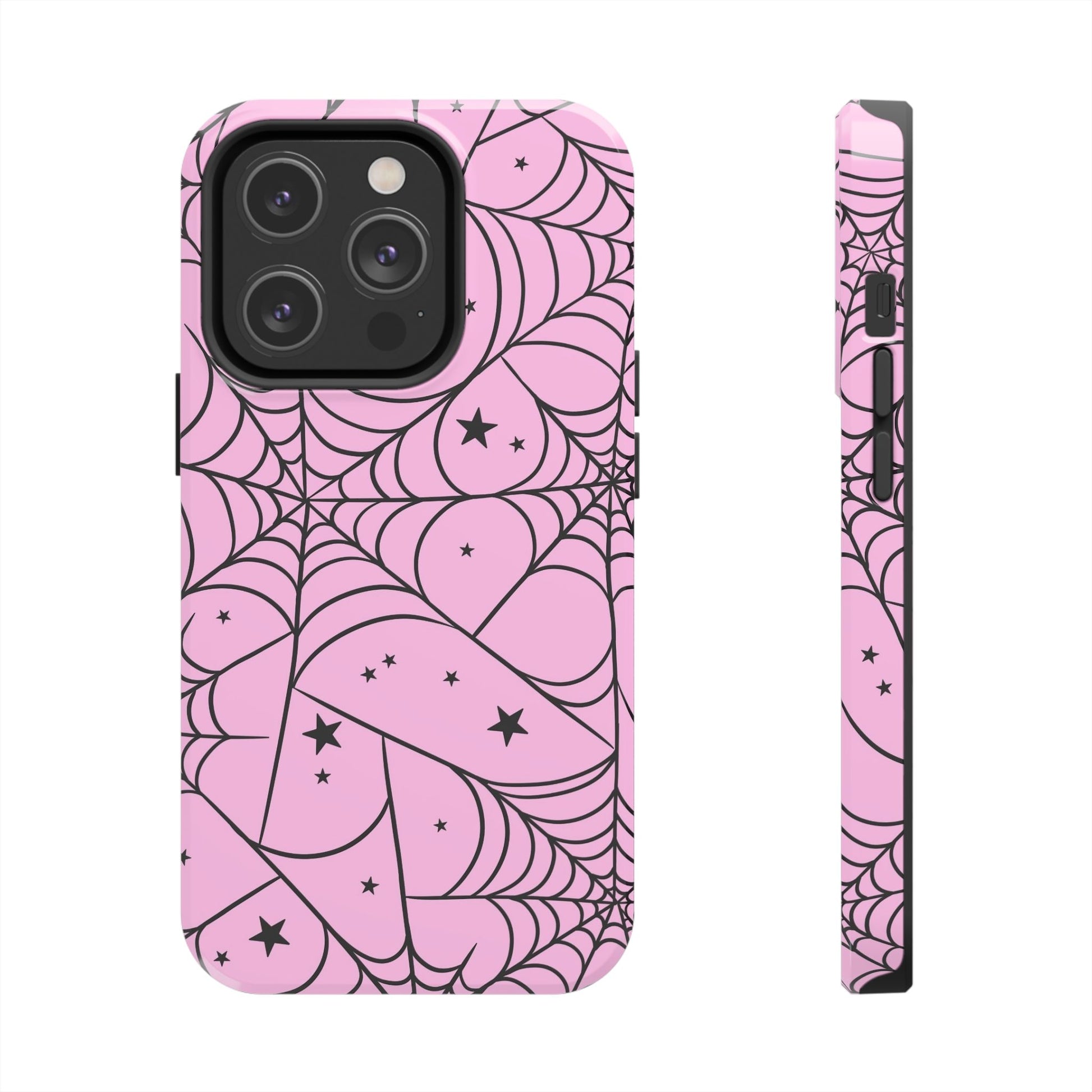 Stylish Pink Spider Web and Stars Phone Case - Cute Halloween Design - Protective Shockproof Cover | Tough Phone Cases Womens Eco Friendly Apparel iPhone 14 Pro