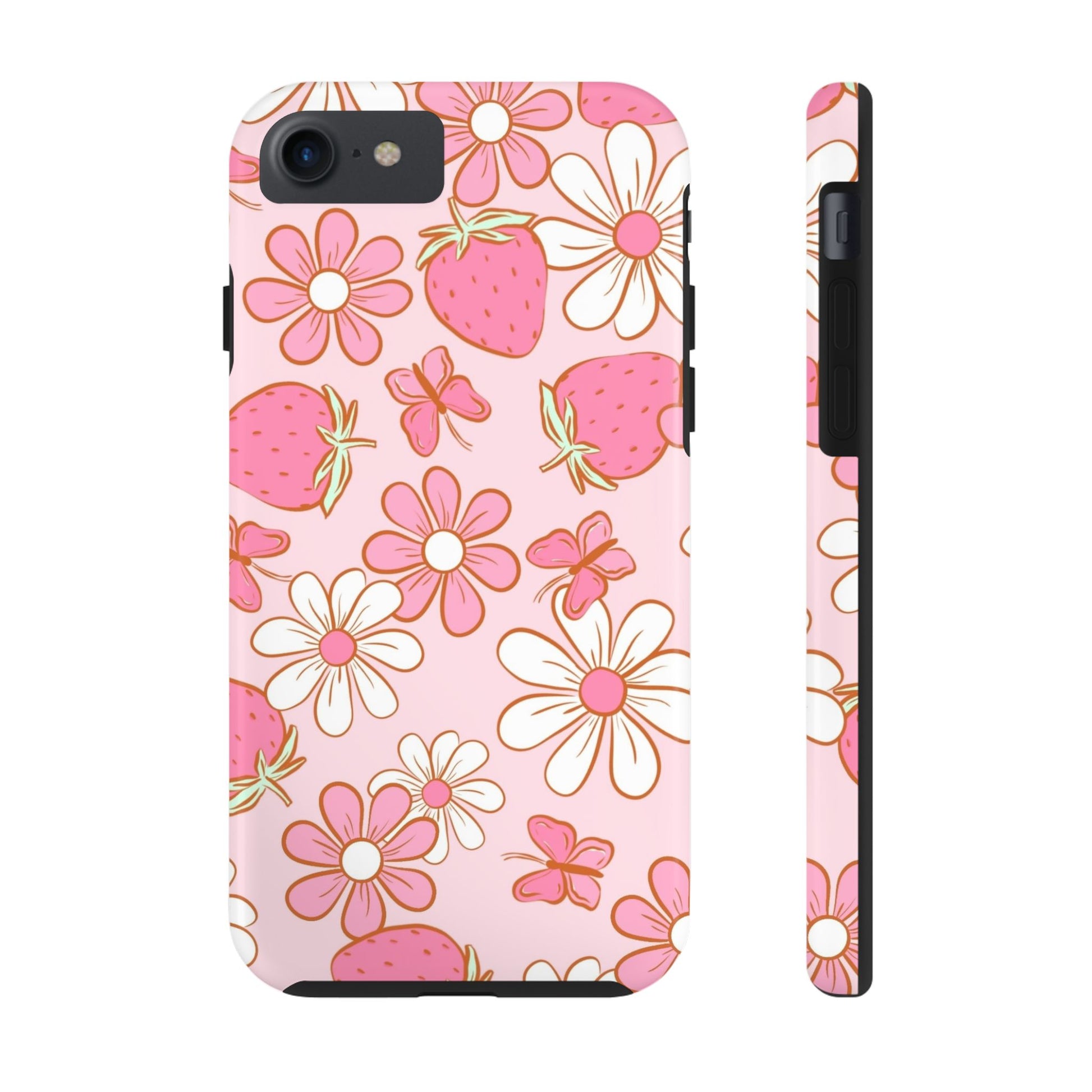 Cute Pink Strawberry and Daisy Floral Pattern Phone Case - Stylish Summer Design for iPhone and Android | Tough Phone Cases Womens Eco Friendly Apparel iPhone 7, iPhone 8, iPhone SE
