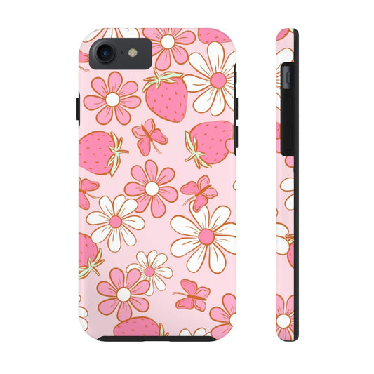 Cute Pink Strawberry and Daisy Floral Pattern Phone Case - Stylish Summer Design for iPhone and Android | Tough Phone Cases Womens Eco Friendly Apparel iPhone 7, iPhone 8, iPhone SE
