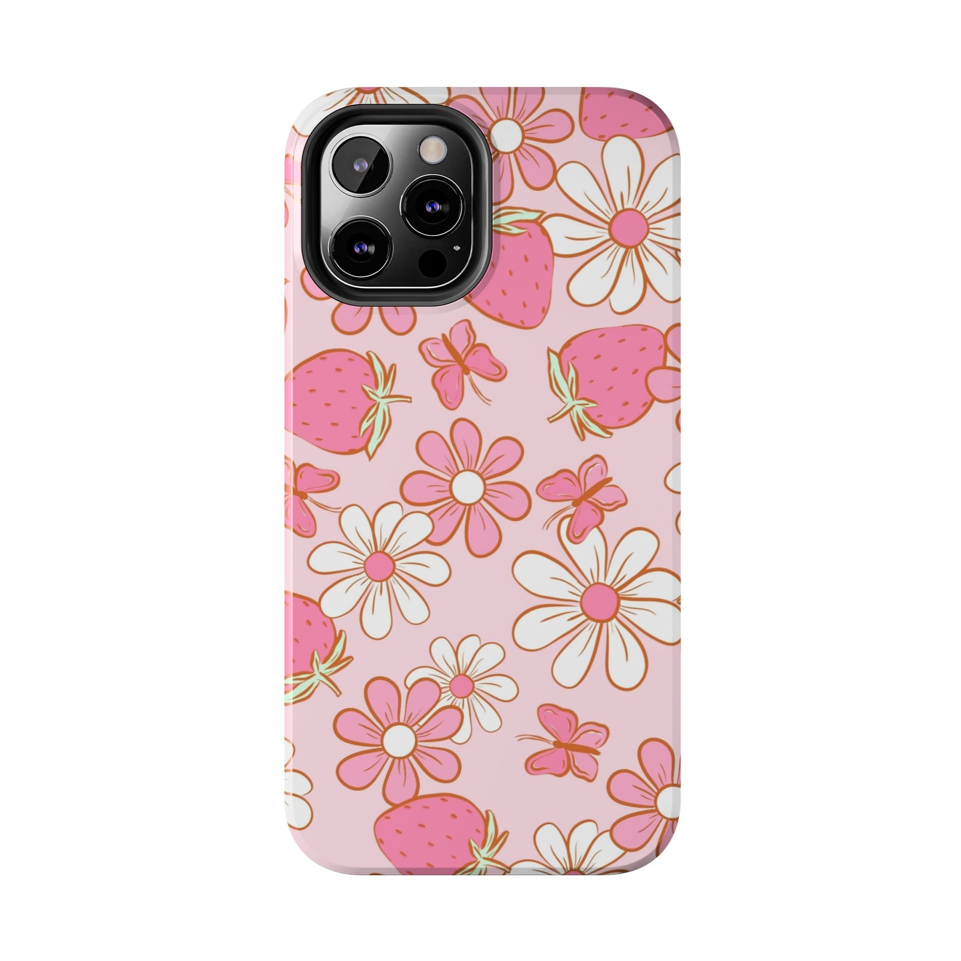 Cute Pink Strawberry and Daisy Floral Pattern Phone Case - Stylish Summer Design for iPhone and Android | Tough Phone Cases Womens Eco Friendly Apparel