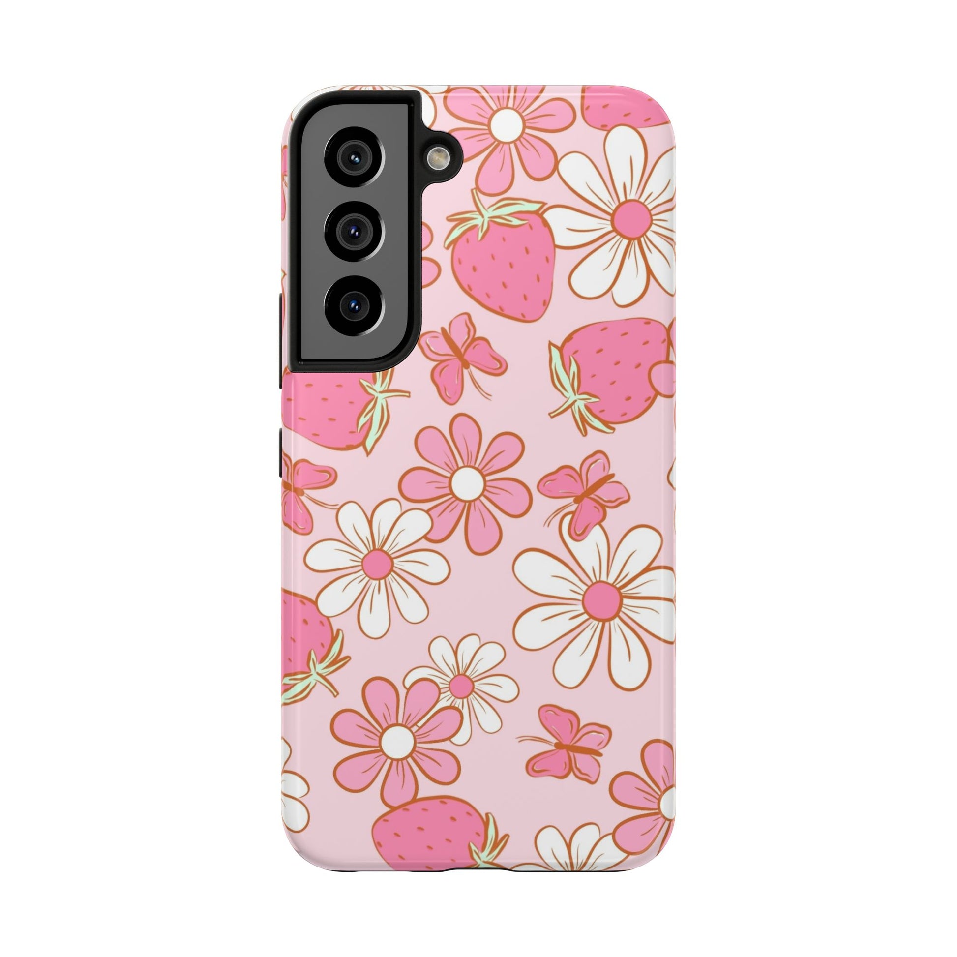 Cute Pink Strawberry and Daisy Floral Pattern Phone Case - Stylish Summer Design for iPhone and Android | Tough Phone Cases Womens Eco Friendly Apparel