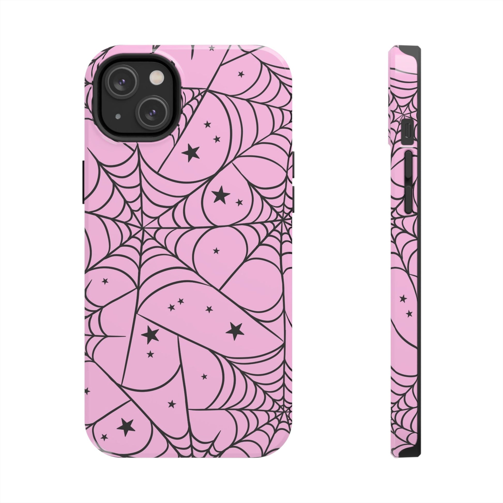 Stylish Pink Spider Web and Stars Phone Case - Cute Halloween Design - Protective Shockproof Cover | Tough Phone Cases Womens Eco Friendly Apparel iPhone 14 Plus