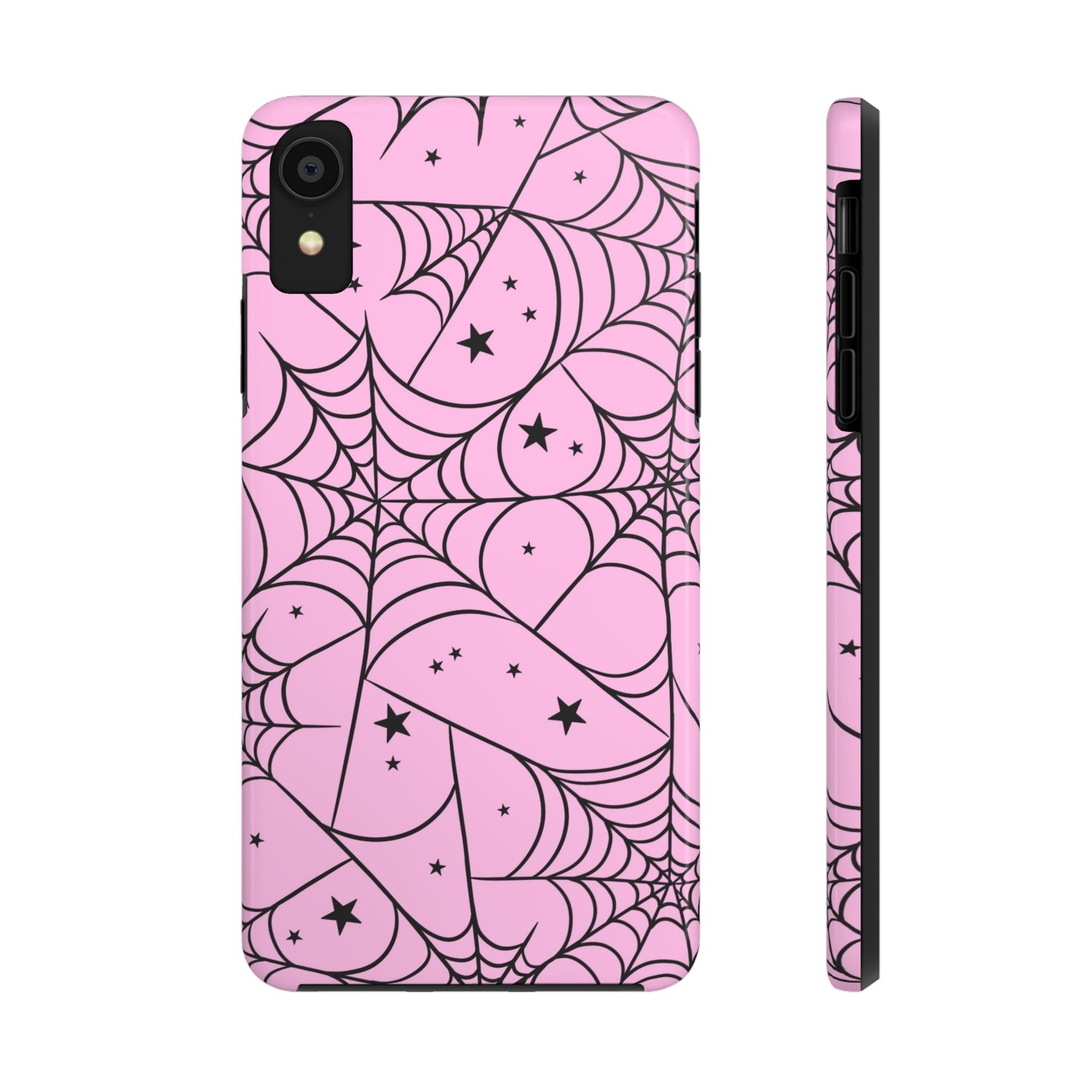 Stylish Pink Spider Web and Stars Phone Case - Cute Halloween Design - Protective Shockproof Cover | Tough Phone Cases Womens Eco Friendly Apparel iPhone XR