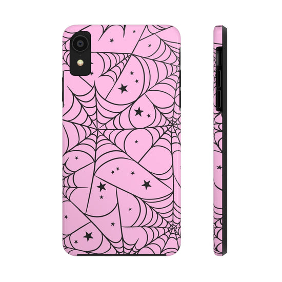 Stylish Pink Spider Web and Stars Phone Case - Cute Halloween Design - Protective Shockproof Cover | Tough Phone Cases Womens Eco Friendly Apparel iPhone XR