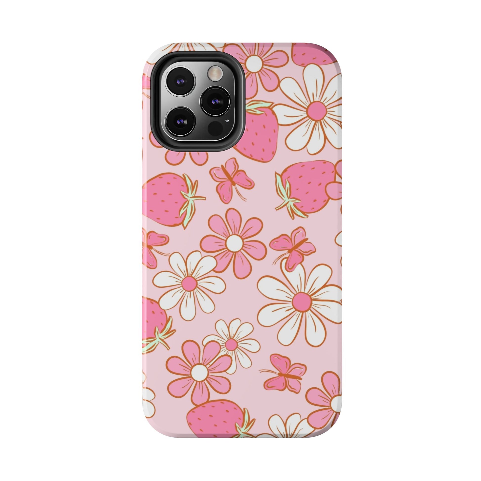 Cute Pink Strawberry and Daisy Floral Pattern Phone Case - Stylish Summer Design for iPhone and Android | Tough Phone Cases Womens Eco Friendly Apparel