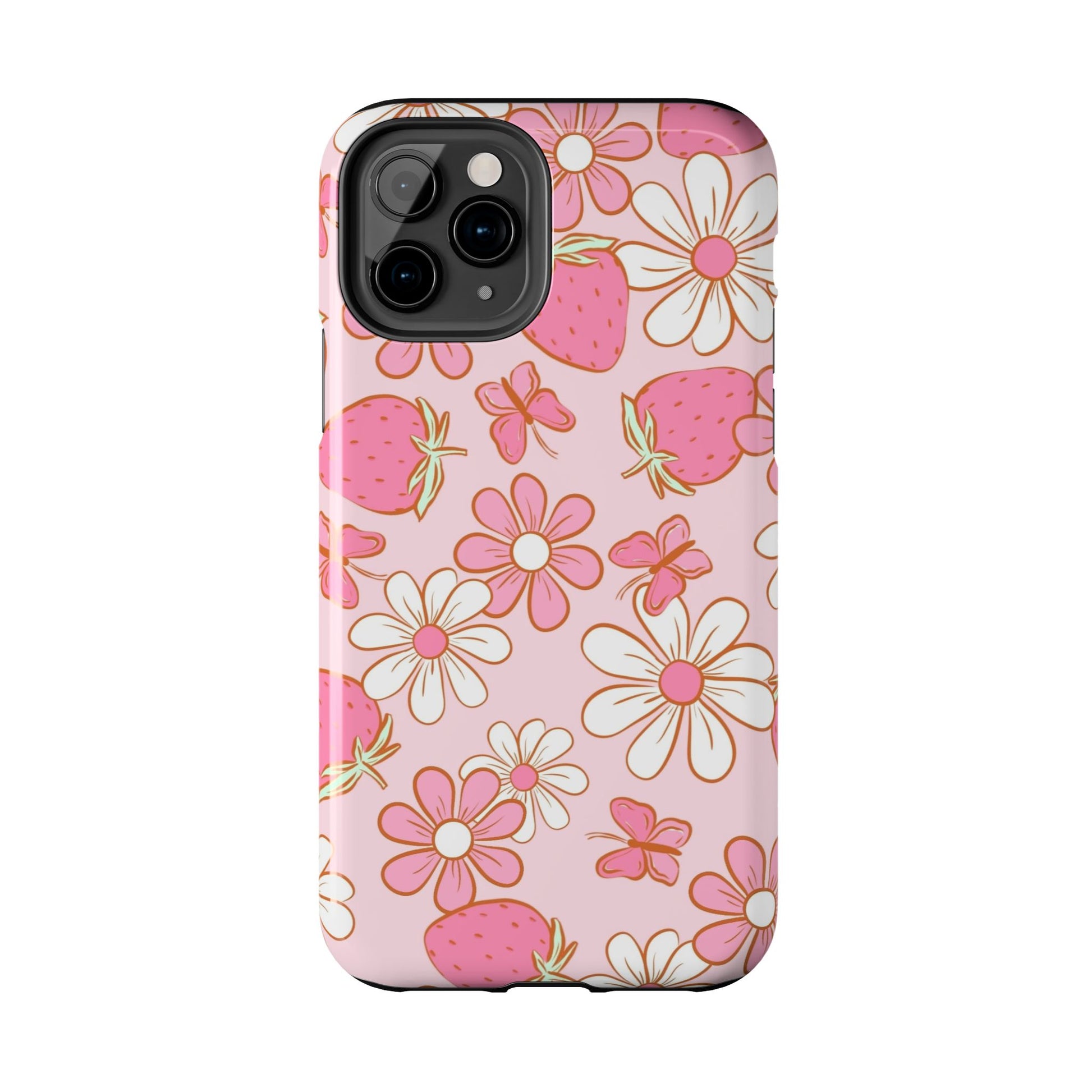 Cute Pink Strawberry and Daisy Floral Pattern Phone Case - Stylish Summer Design for iPhone and Android | Tough Phone Cases Womens Eco Friendly Apparel