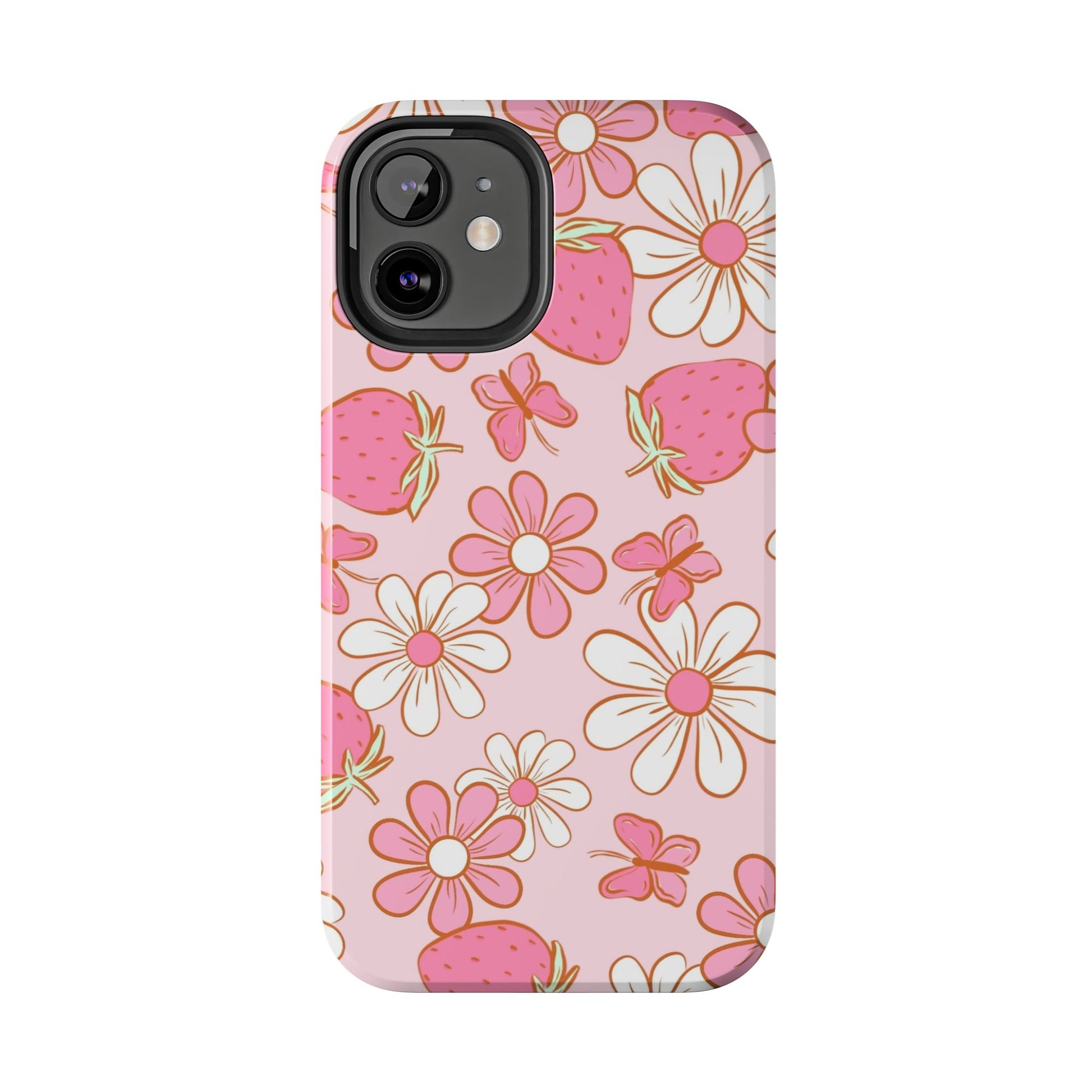 Cute Pink Strawberry and Daisy Floral Pattern Phone Case - Stylish Summer Design for iPhone and Android | Tough Phone Cases Womens Eco Friendly Apparel