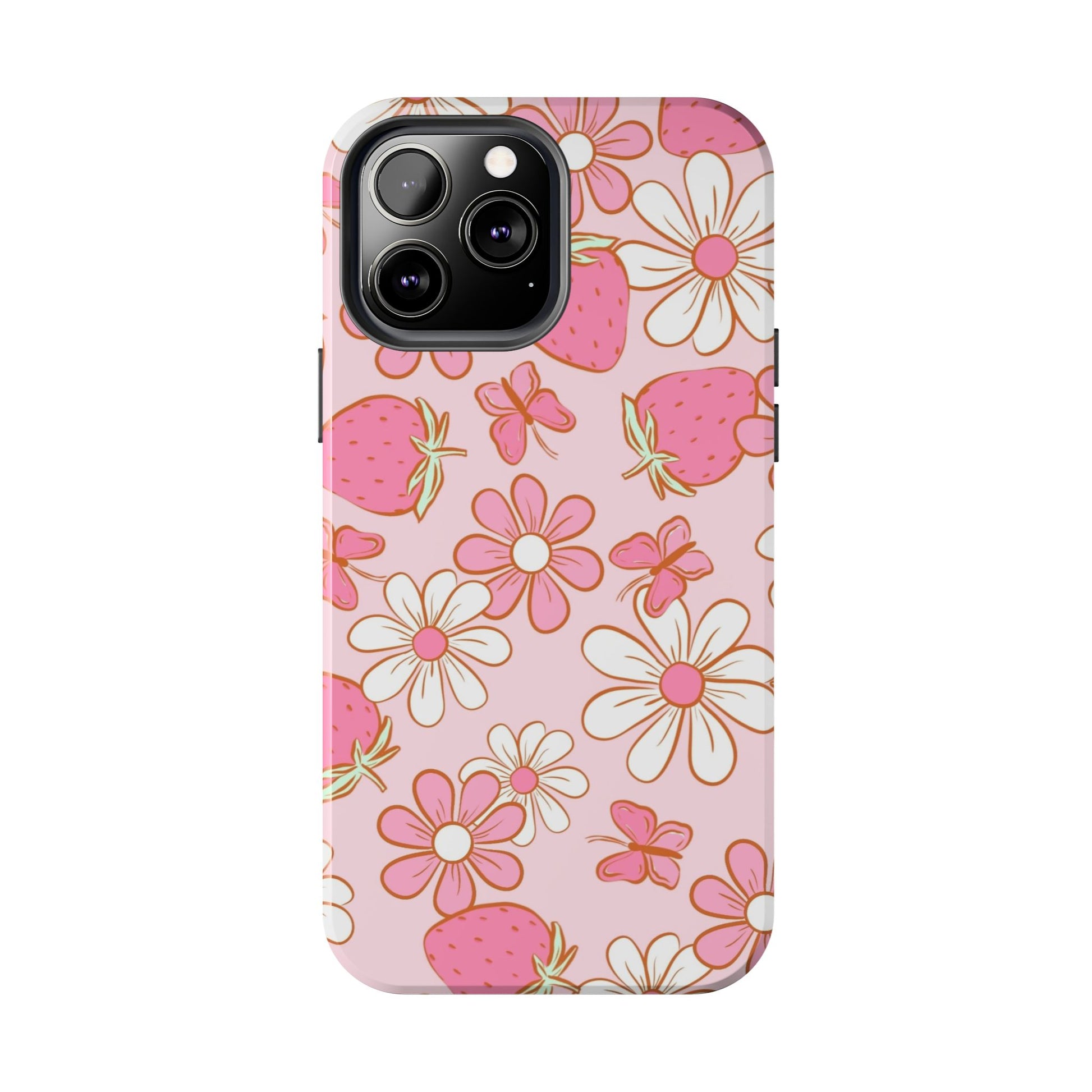 Cute Pink Strawberry and Daisy Floral Pattern Phone Case - Stylish Summer Design for iPhone and Android | Tough Phone Cases Womens Eco Friendly Apparel