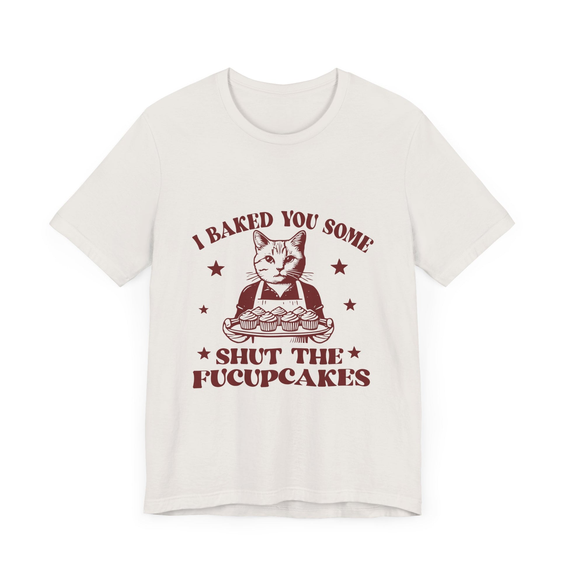 Funny Cat Baked You Some Shut the Fucupcakes Graphic Tee 🐾🧁 Womens Eco Friendly Apparel Vintage White