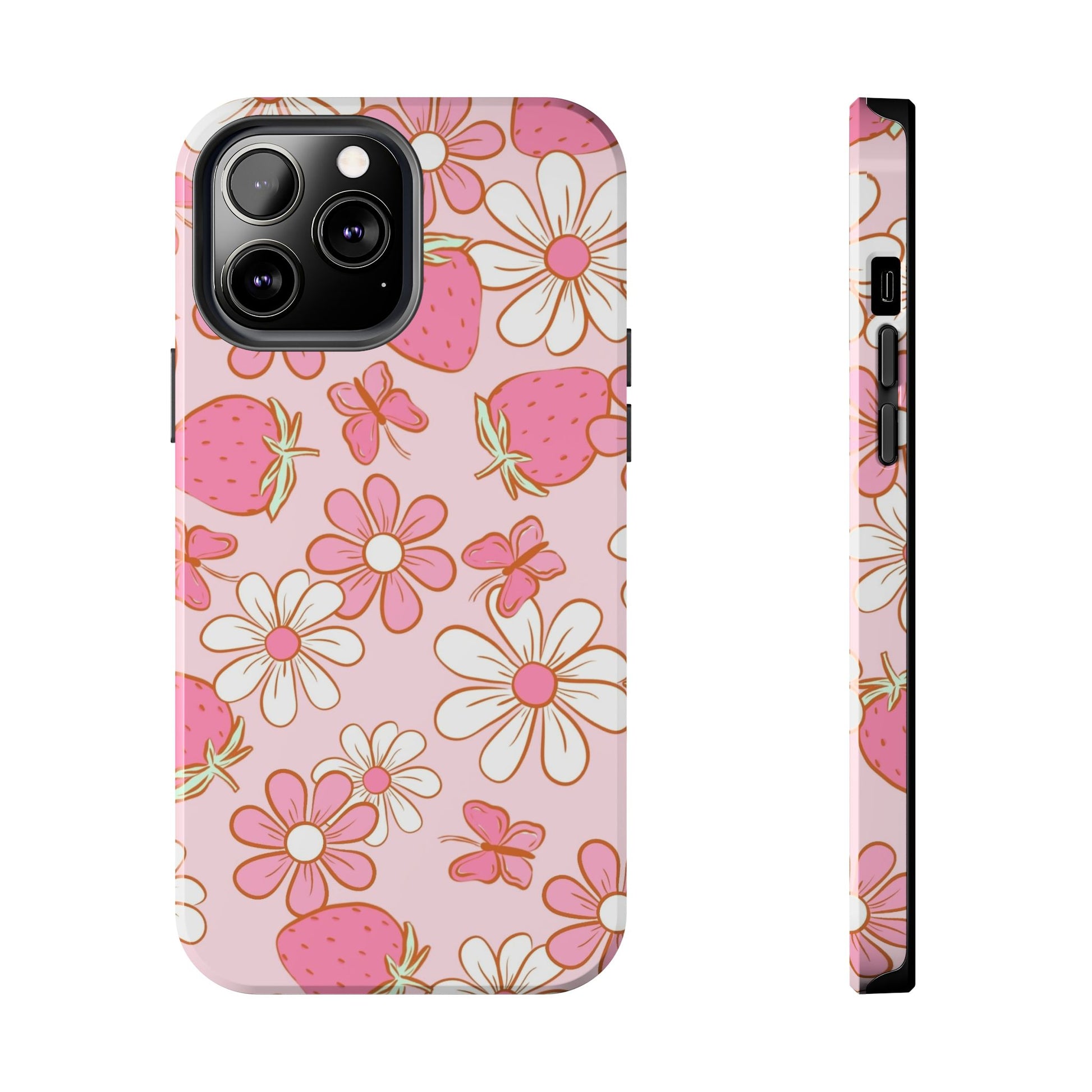 Cute Pink Strawberry and Daisy Floral Pattern Phone Case - Stylish Summer Design for iPhone and Android | Tough Phone Cases Womens Eco Friendly Apparel iPhone 13 Pro Max