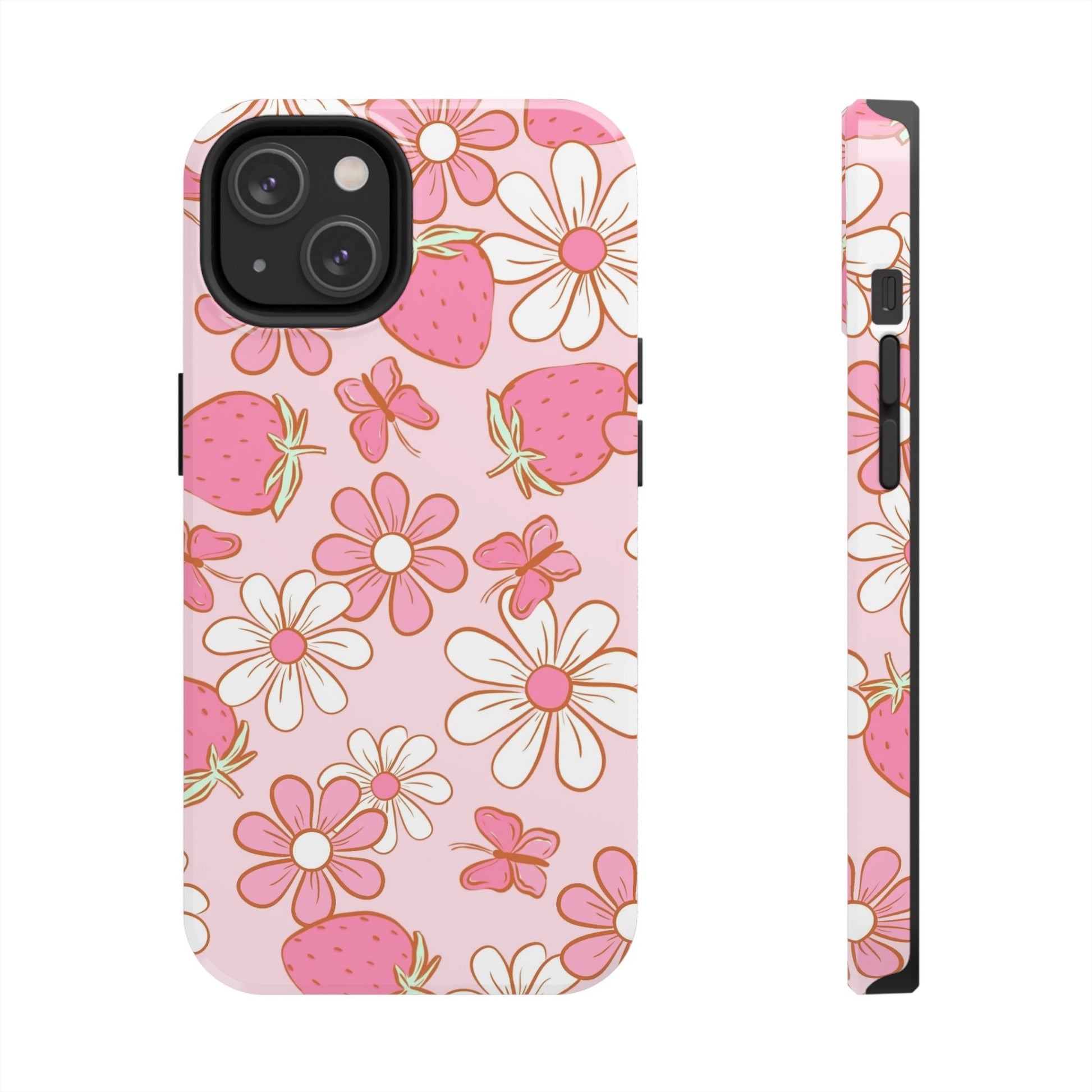 Cute Pink Strawberry and Daisy Floral Pattern Phone Case - Stylish Summer Design for iPhone and Android | Tough Phone Cases Womens Eco Friendly Apparel iPhone 14