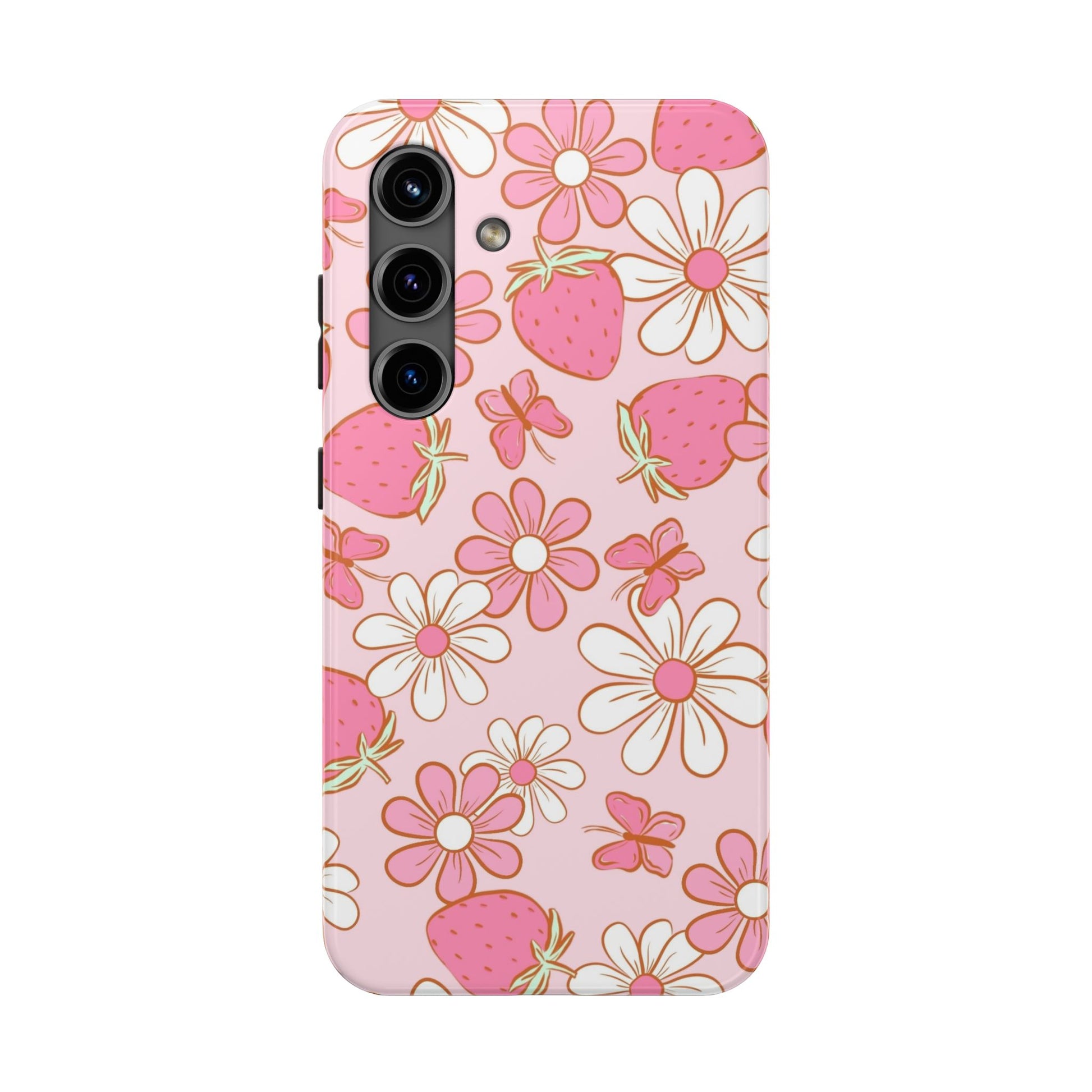 Cute Pink Strawberry and Daisy Floral Pattern Phone Case - Stylish Summer Design for iPhone and Android | Tough Phone Cases Womens Eco Friendly Apparel