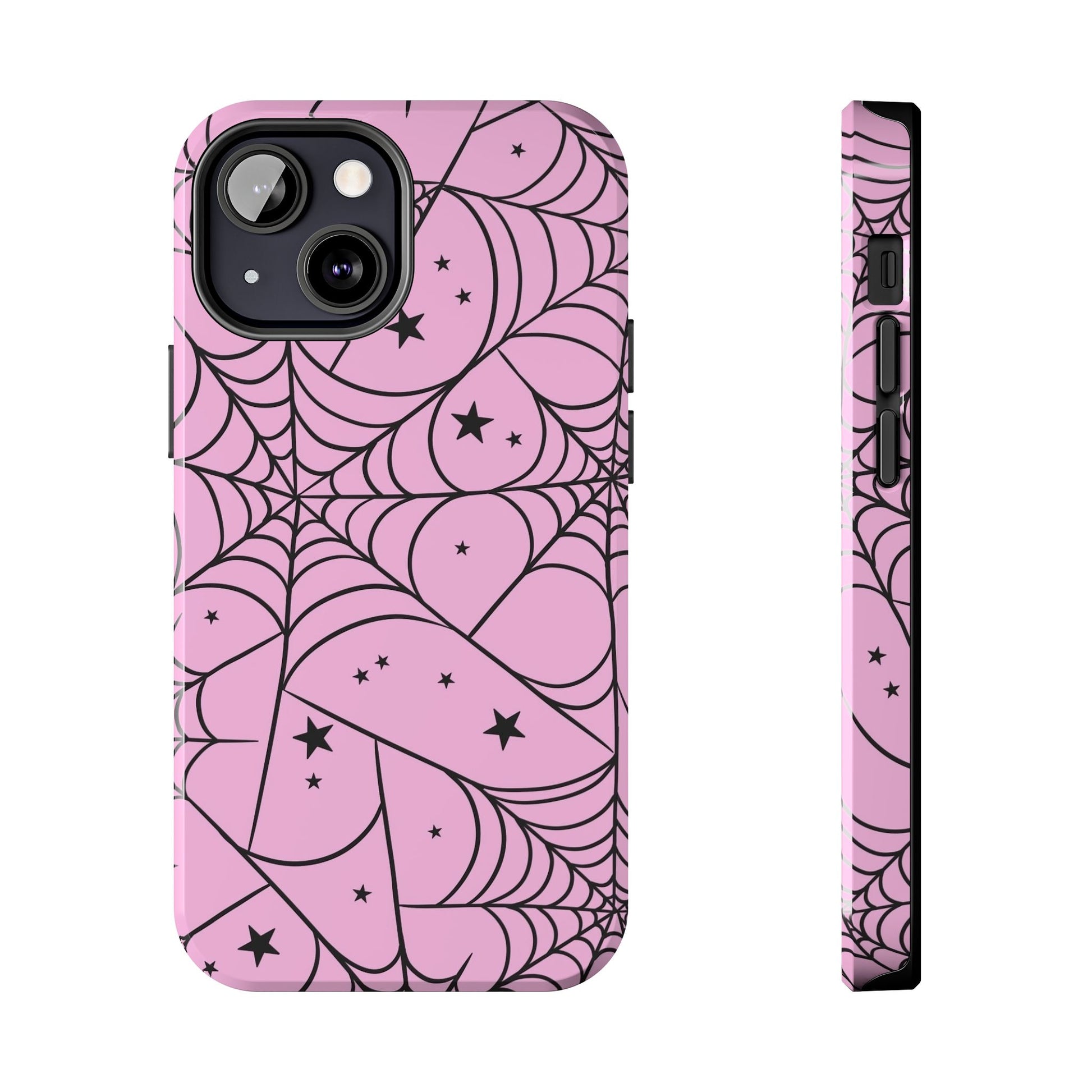 Stylish Pink Spider Web and Stars Phone Case - Cute Halloween Design - Protective Shockproof Cover | Tough Phone Cases Womens Eco Friendly Apparel iPhone 13 Mini