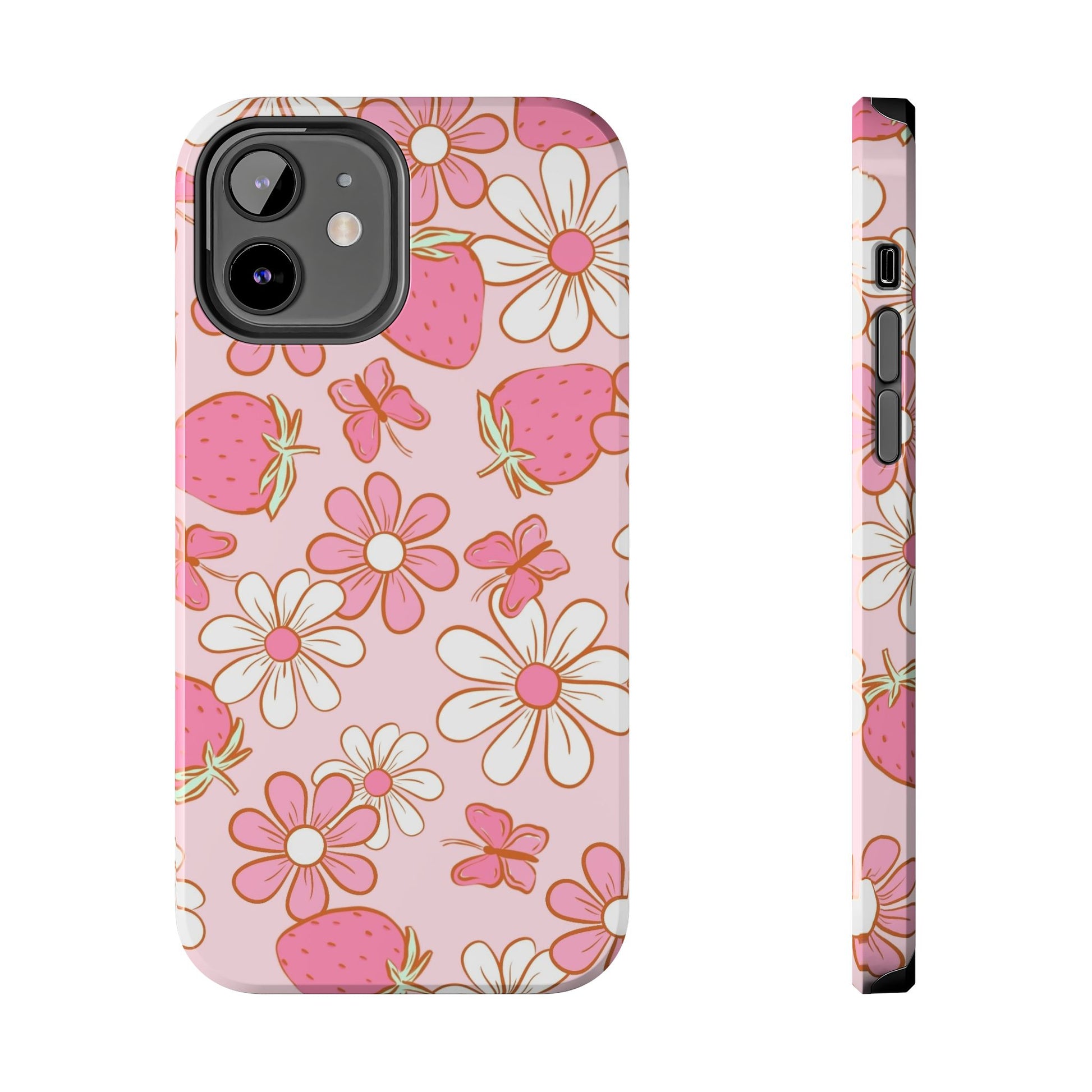 Cute Pink Strawberry and Daisy Floral Pattern Phone Case - Stylish Summer Design for iPhone and Android | Tough Phone Cases Womens Eco Friendly Apparel iPhone 12