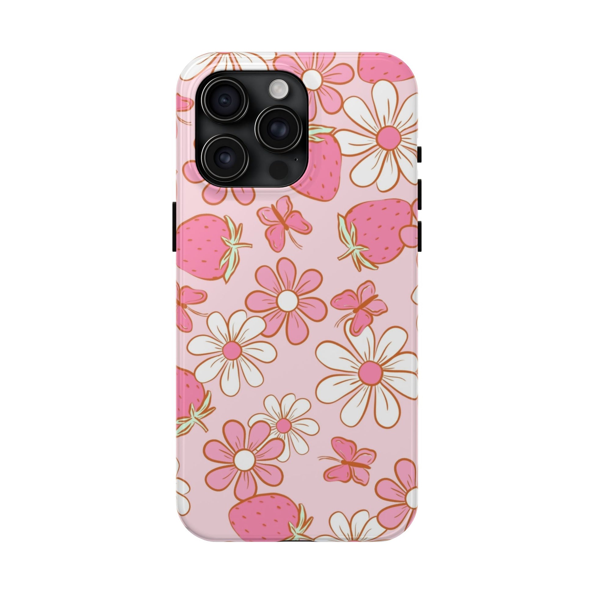 Cute Pink Strawberry and Daisy Floral Pattern Phone Case - Stylish Summer Design for iPhone and Android | Tough Phone Cases Womens Eco Friendly Apparel