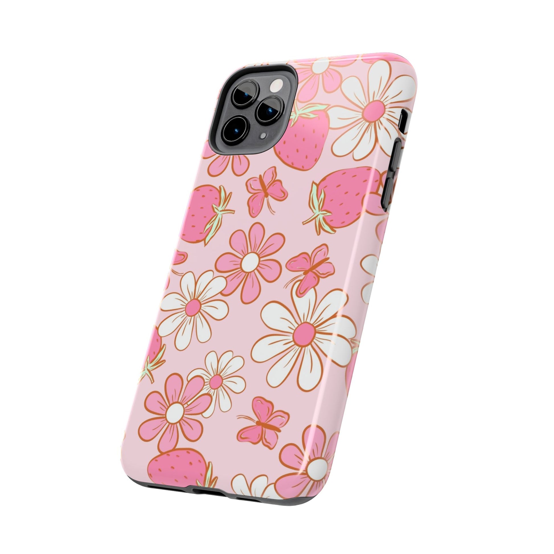 Cute Pink Strawberry and Daisy Floral Pattern Phone Case - Stylish Summer Design for iPhone and Android | Tough Phone Cases Womens Eco Friendly Apparel