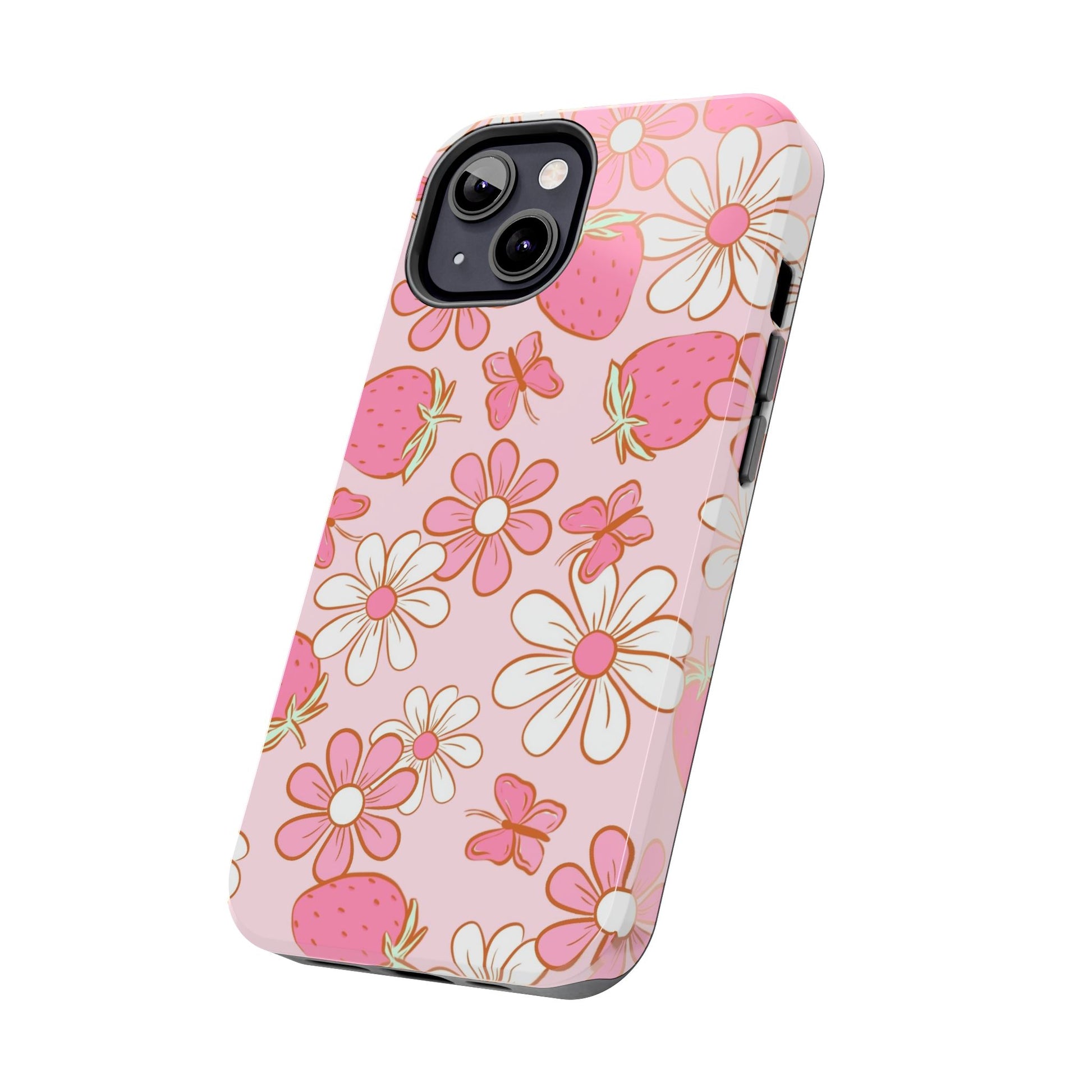 Cute Pink Strawberry and Daisy Floral Pattern Phone Case - Stylish Summer Design for iPhone and Android | Tough Phone Cases Womens Eco Friendly Apparel