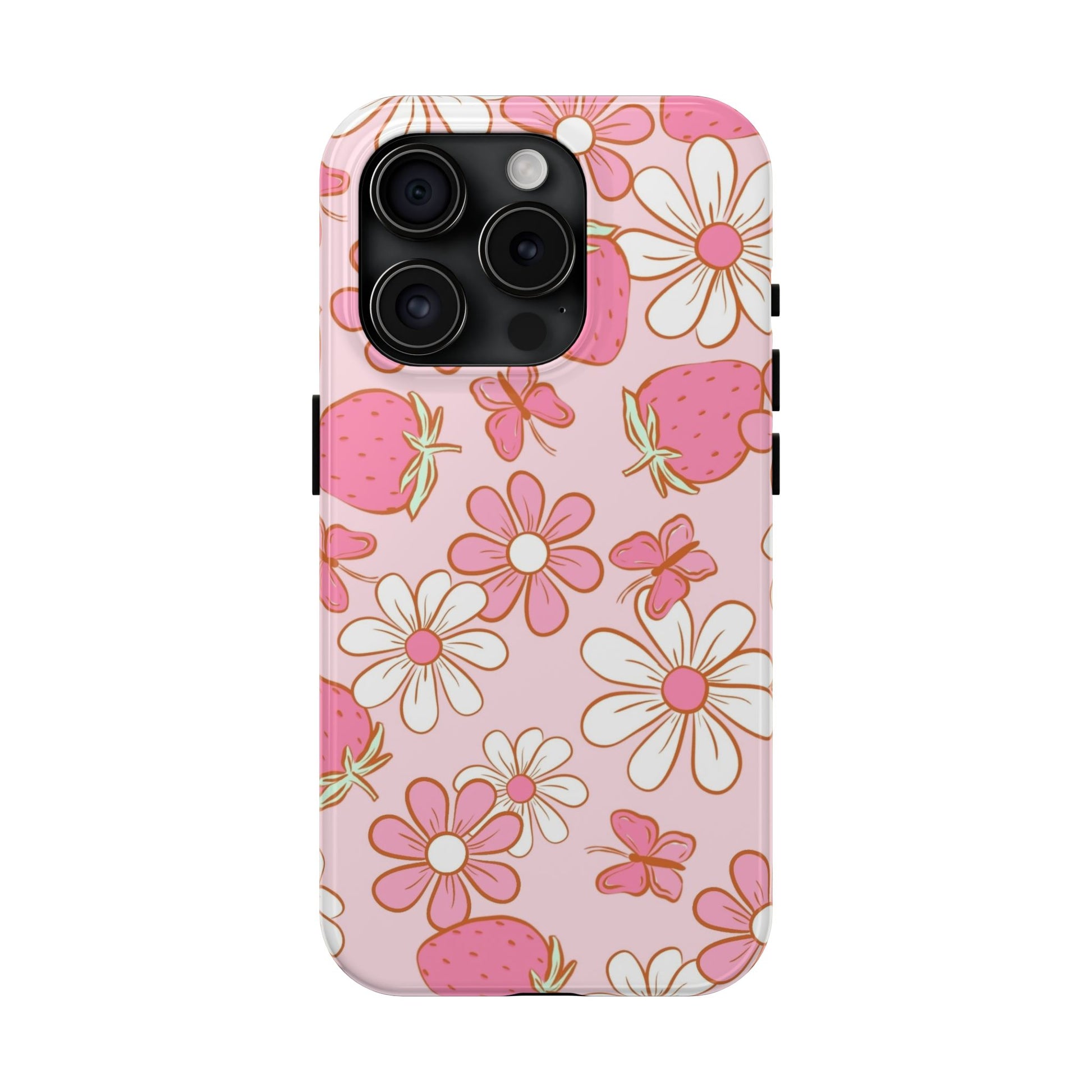 Cute Pink Strawberry and Daisy Floral Pattern Phone Case - Stylish Summer Design for iPhone and Android | Tough Phone Cases Womens Eco Friendly Apparel