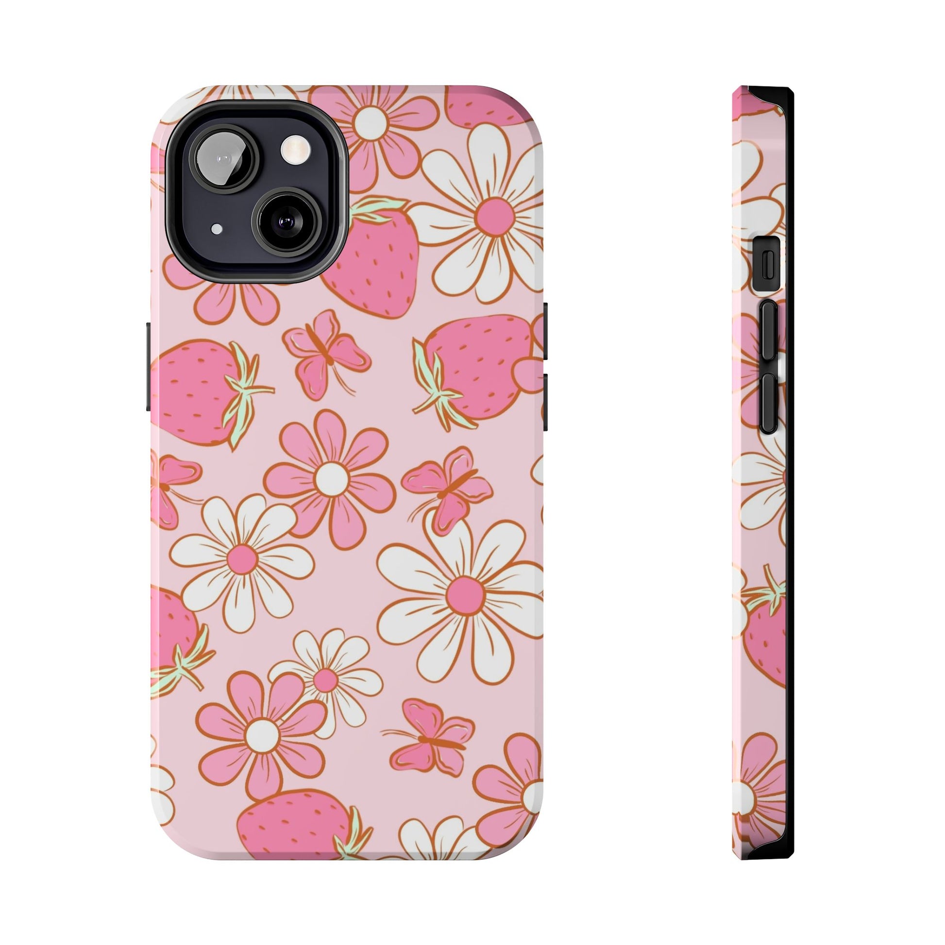 Cute Pink Strawberry and Daisy Floral Pattern Phone Case - Stylish Summer Design for iPhone and Android | Tough Phone Cases Womens Eco Friendly Apparel iPhone 13