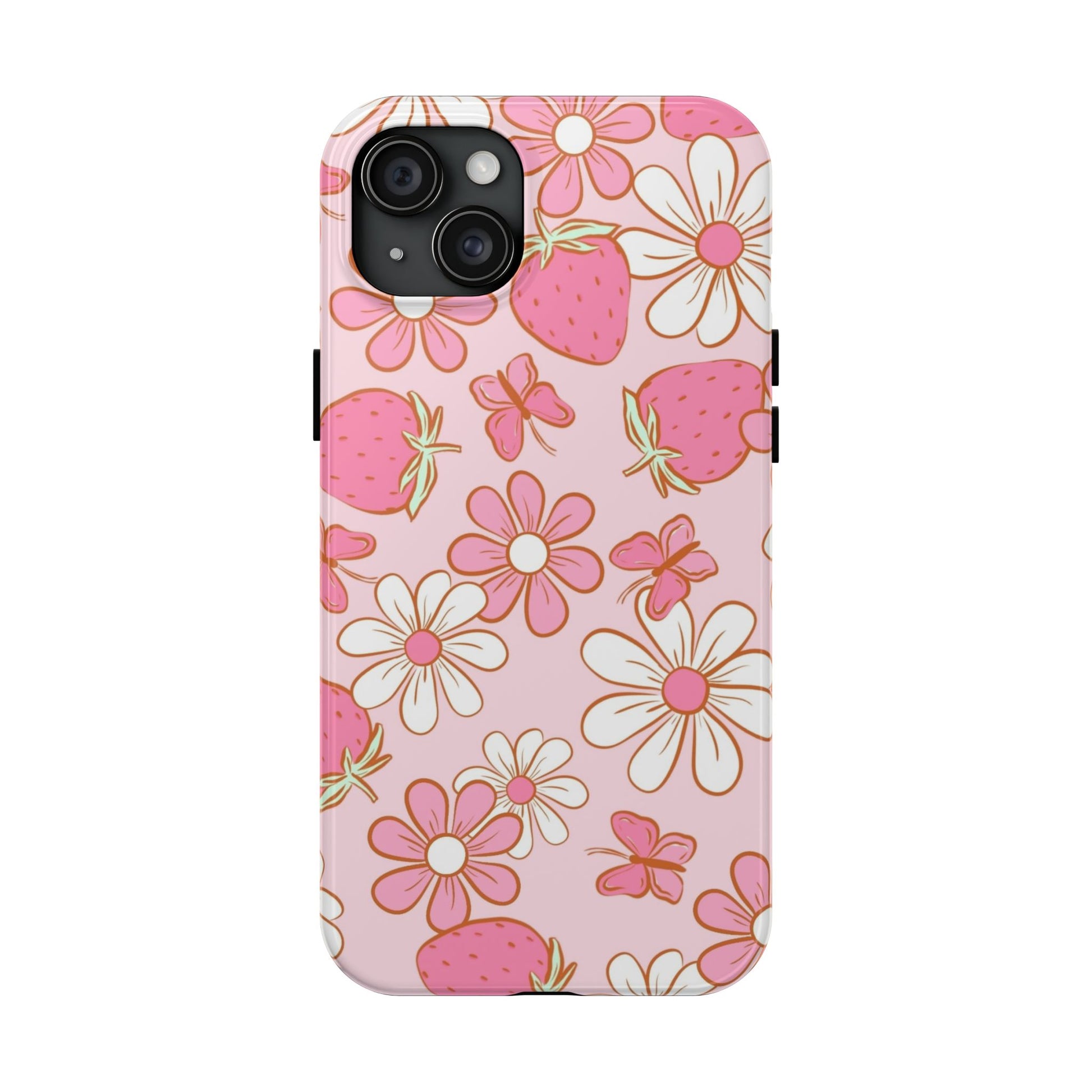 Cute Pink Strawberry and Daisy Floral Pattern Phone Case - Stylish Summer Design for iPhone and Android | Tough Phone Cases Womens Eco Friendly Apparel