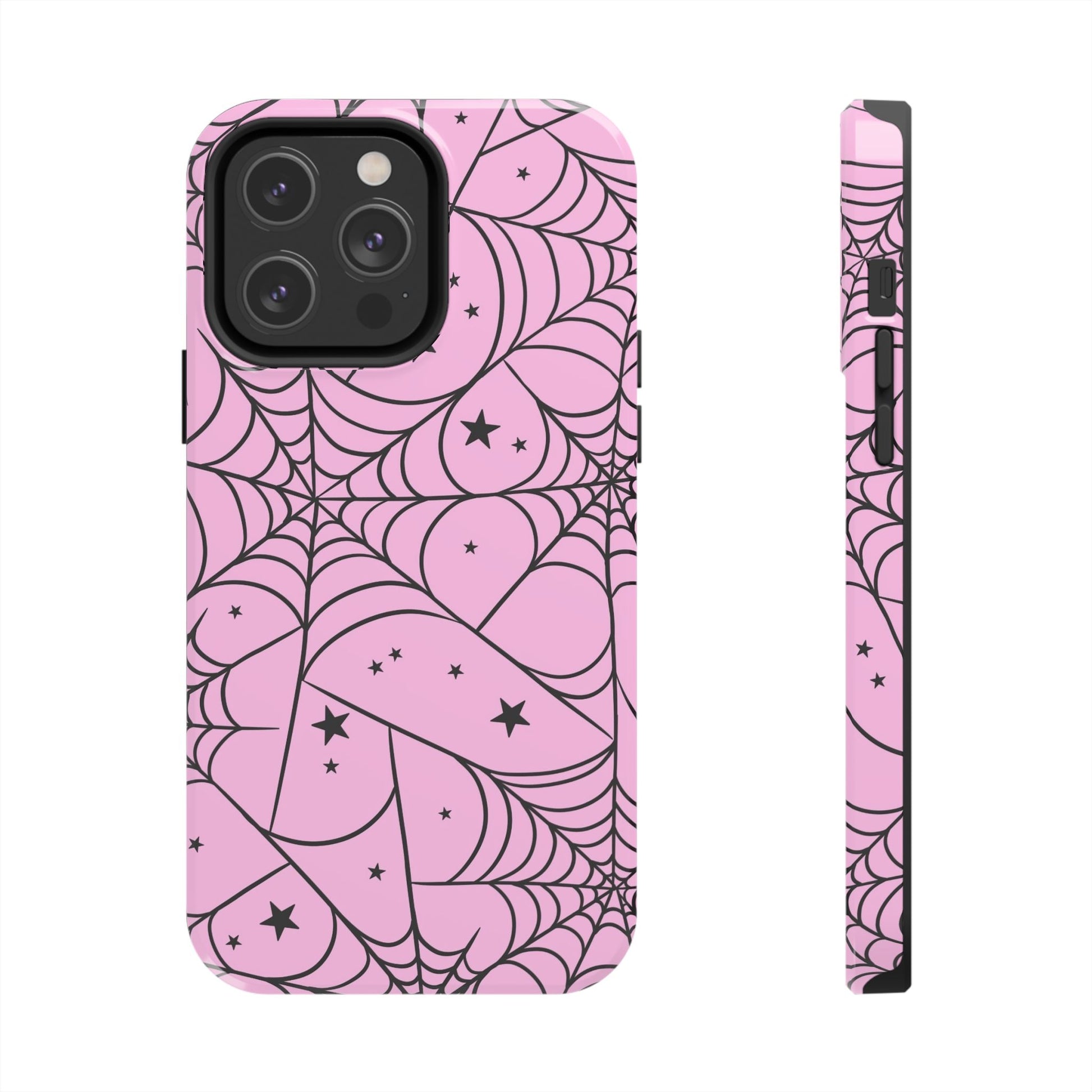 Stylish Pink Spider Web and Stars Phone Case - Cute Halloween Design - Protective Shockproof Cover | Tough Phone Cases Womens Eco Friendly Apparel iPhone 14 Pro Max