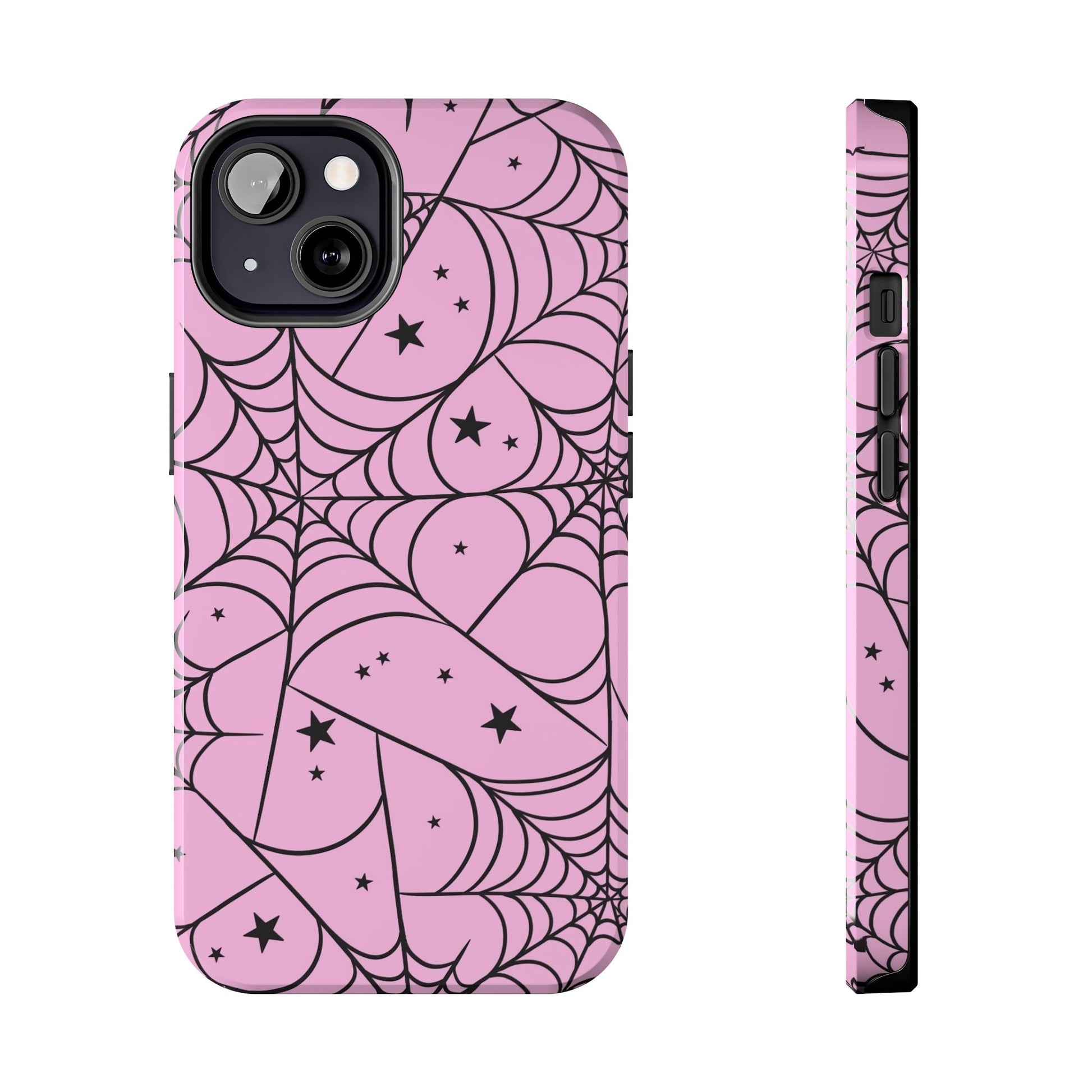 Stylish Pink Spider Web and Stars Phone Case - Cute Halloween Design - Protective Shockproof Cover | Tough Phone Cases Womens Eco Friendly Apparel iPhone 13